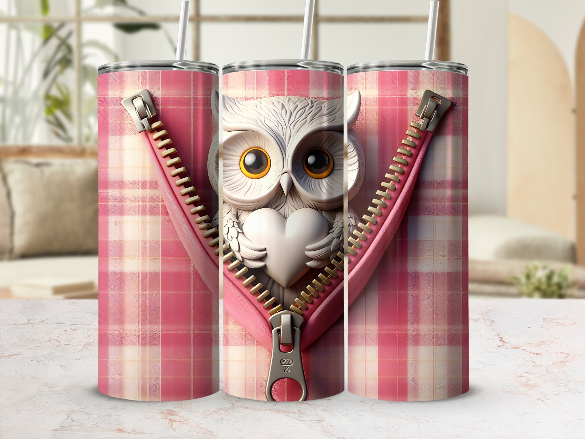 Pink plaid tumbler with a zippered opening revealing an owl holding a heart.