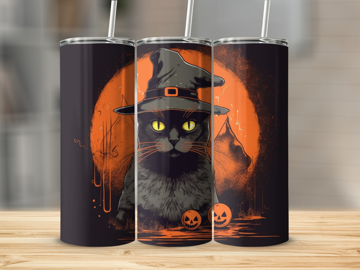 Black cat wearing a witch hat with pumpkins and an orange moon.