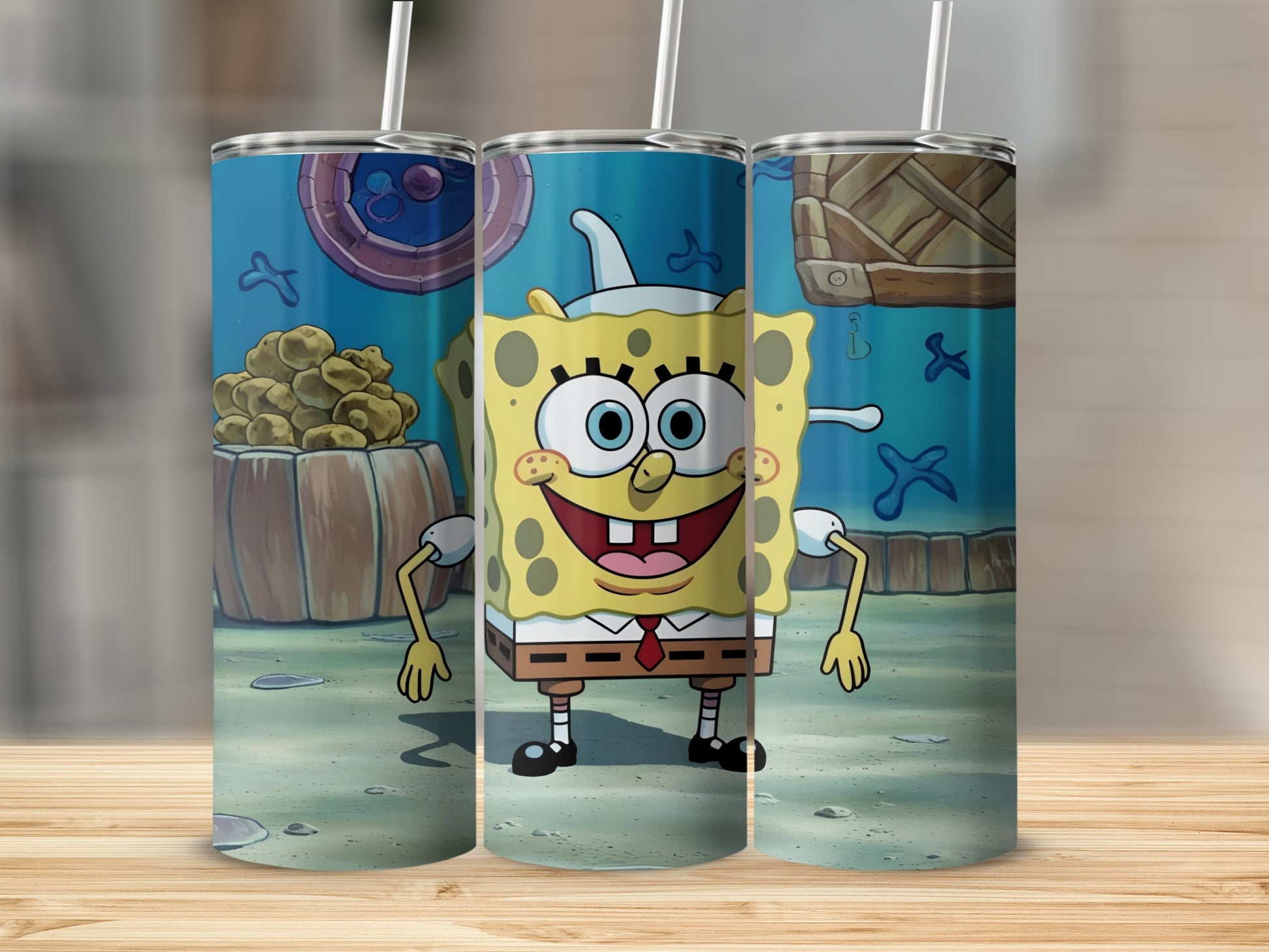 SpongeBob SquarePants tumbler with Krabby Patty and underwater background.