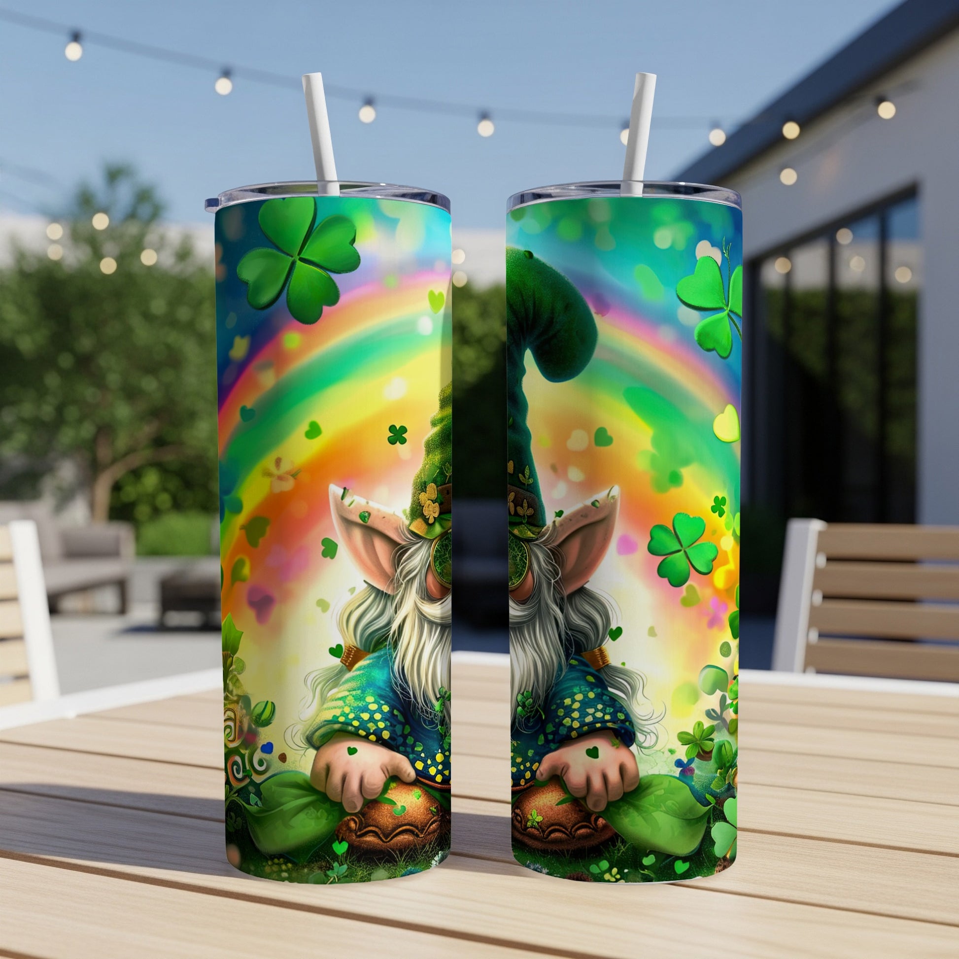 Leprechaun with pot of gold and rainbow on St. Patrick's Day tumbler.