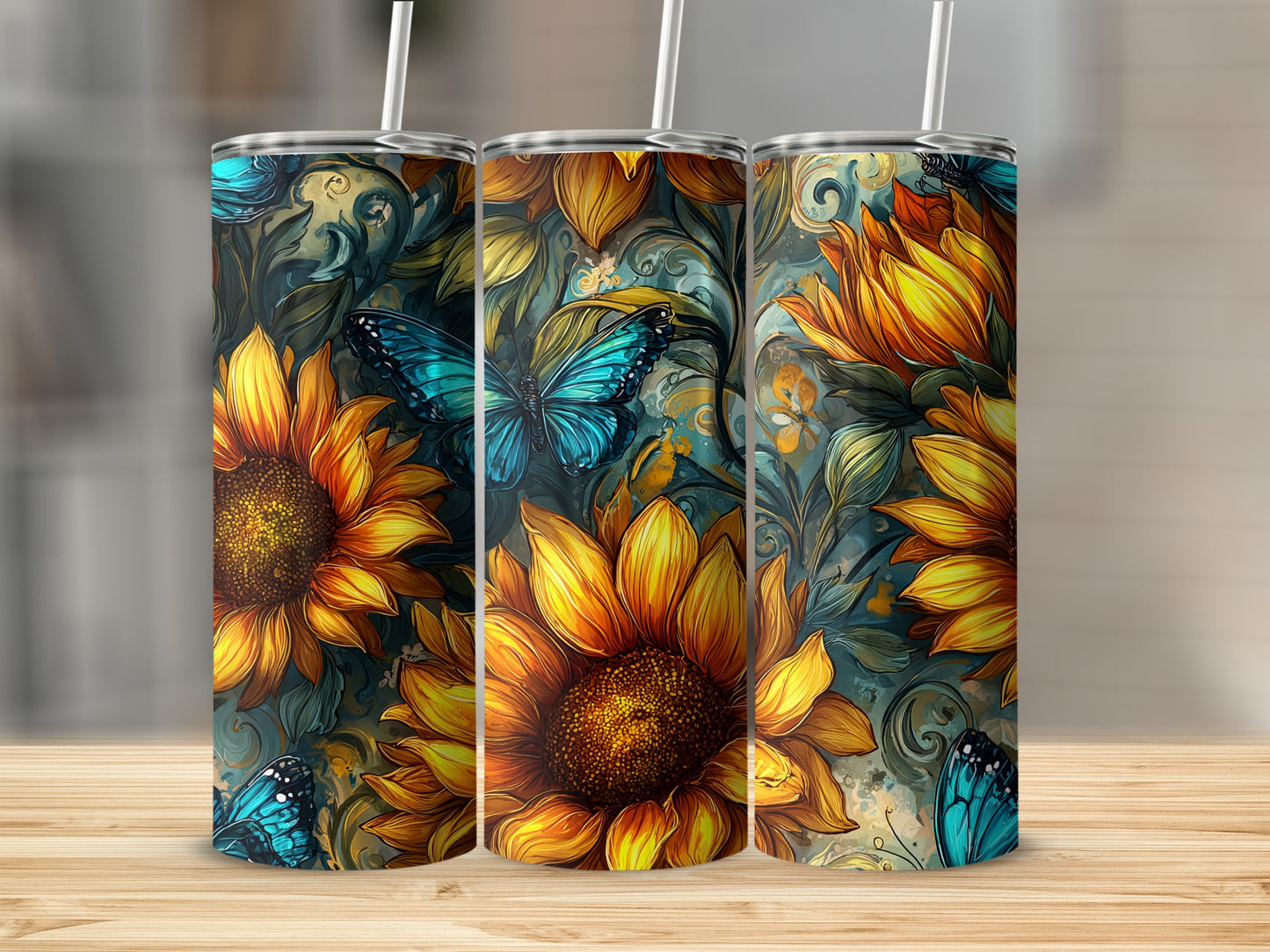 Sunflower and Butterfly Design Drink Tumblers