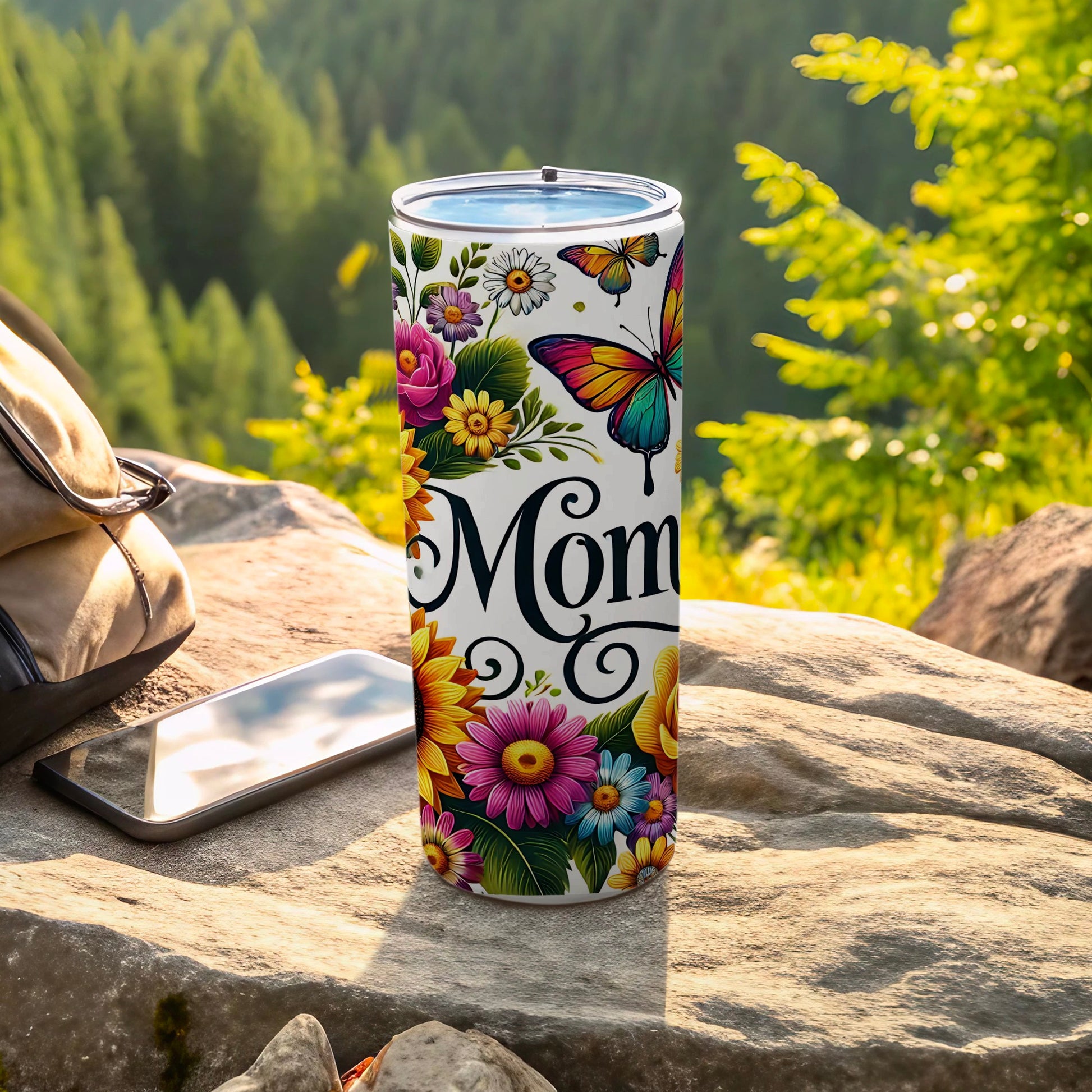Colorful Butterfly and Flowers Mom Tumbler Cup