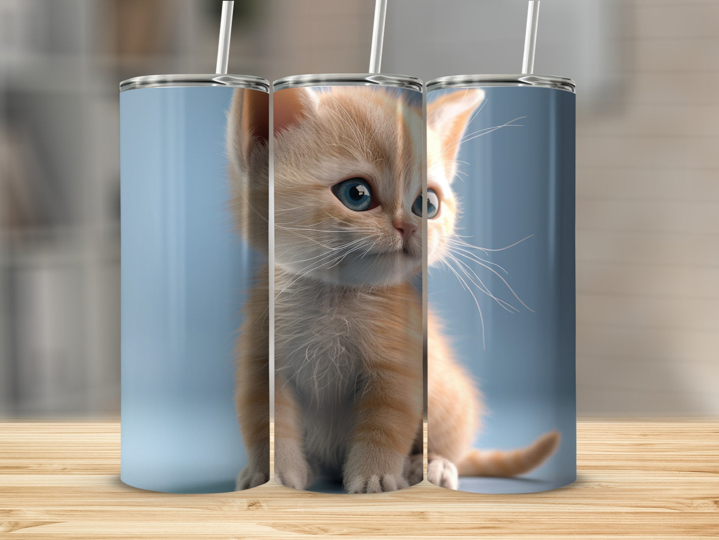 Orange tabby kitten peeking from behind three tumblers on a wooden surface.