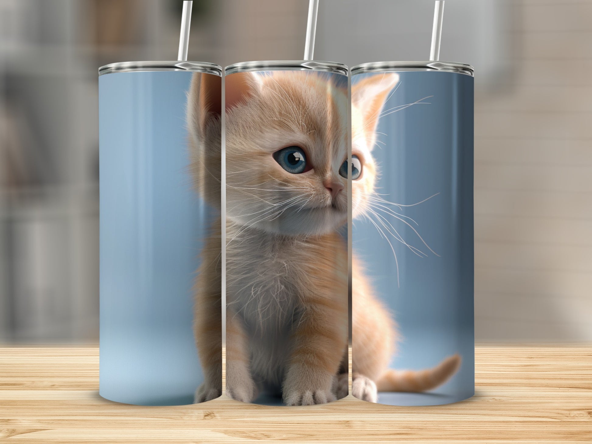 Orange tabby kitten peeking from behind three tumblers on a wooden surface.