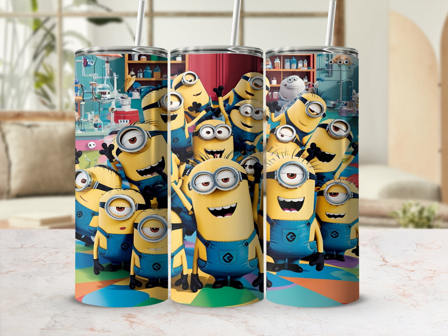 Three Minions characters with large eyes and blue overalls on a colorful background.