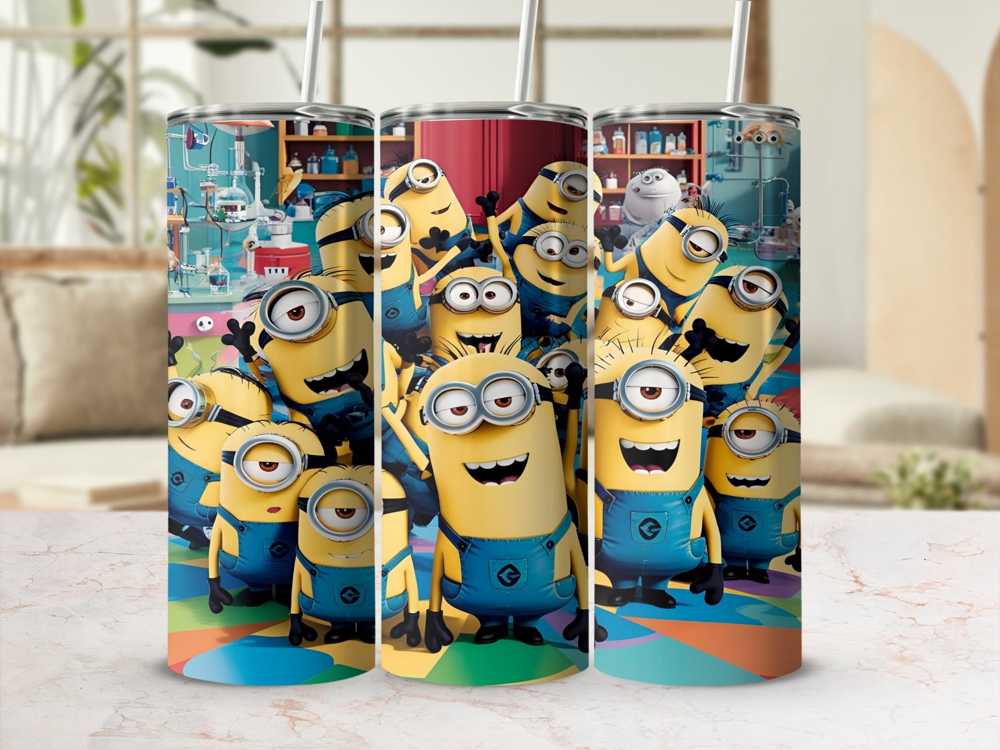 Three Minions characters with large eyes and blue overalls on a colorful background.