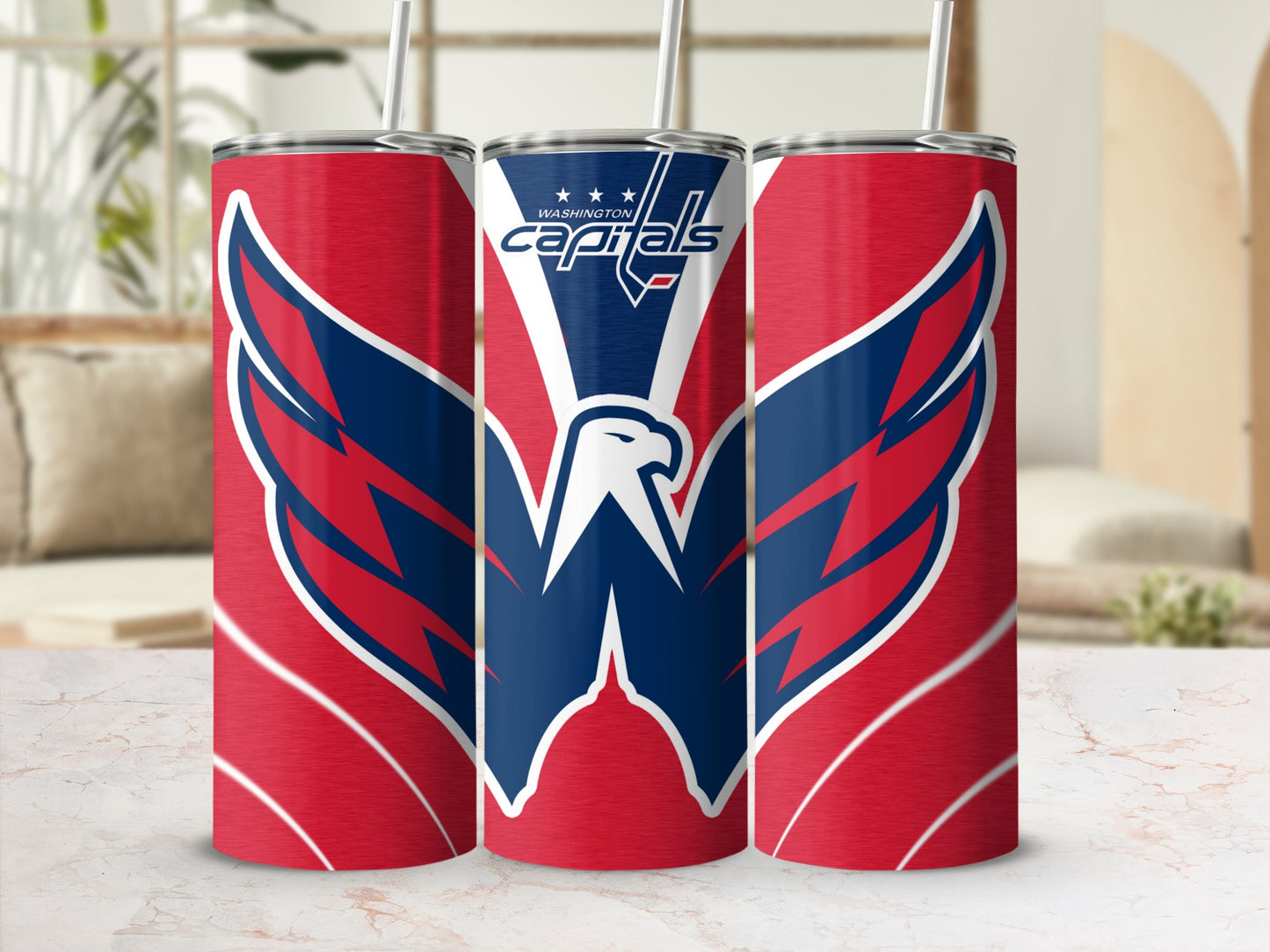 Washington Capitals tumbler with eagle and wing logo.