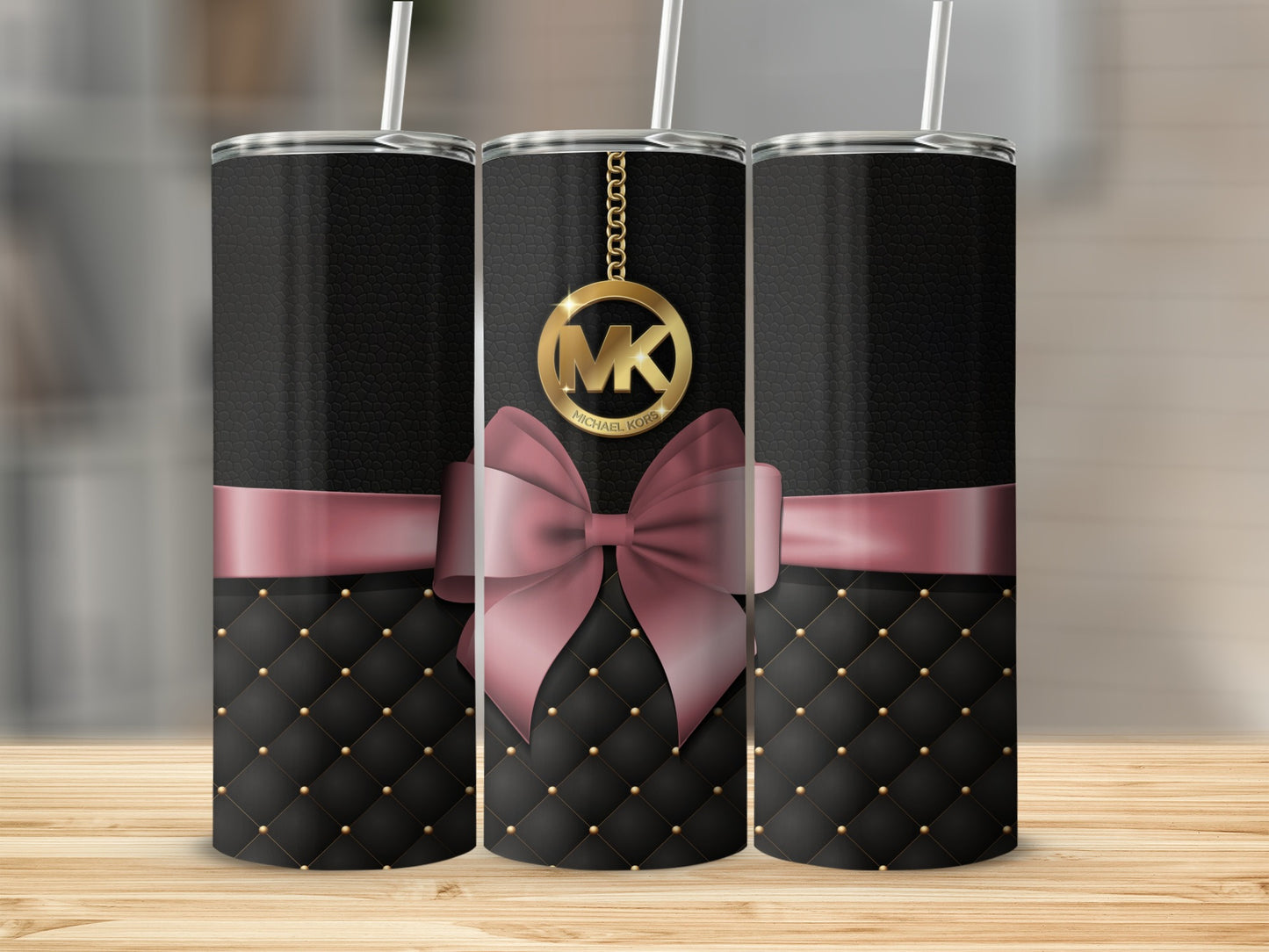 Elegant Quilted Black Pink Bow Tumbler with Gold Accents