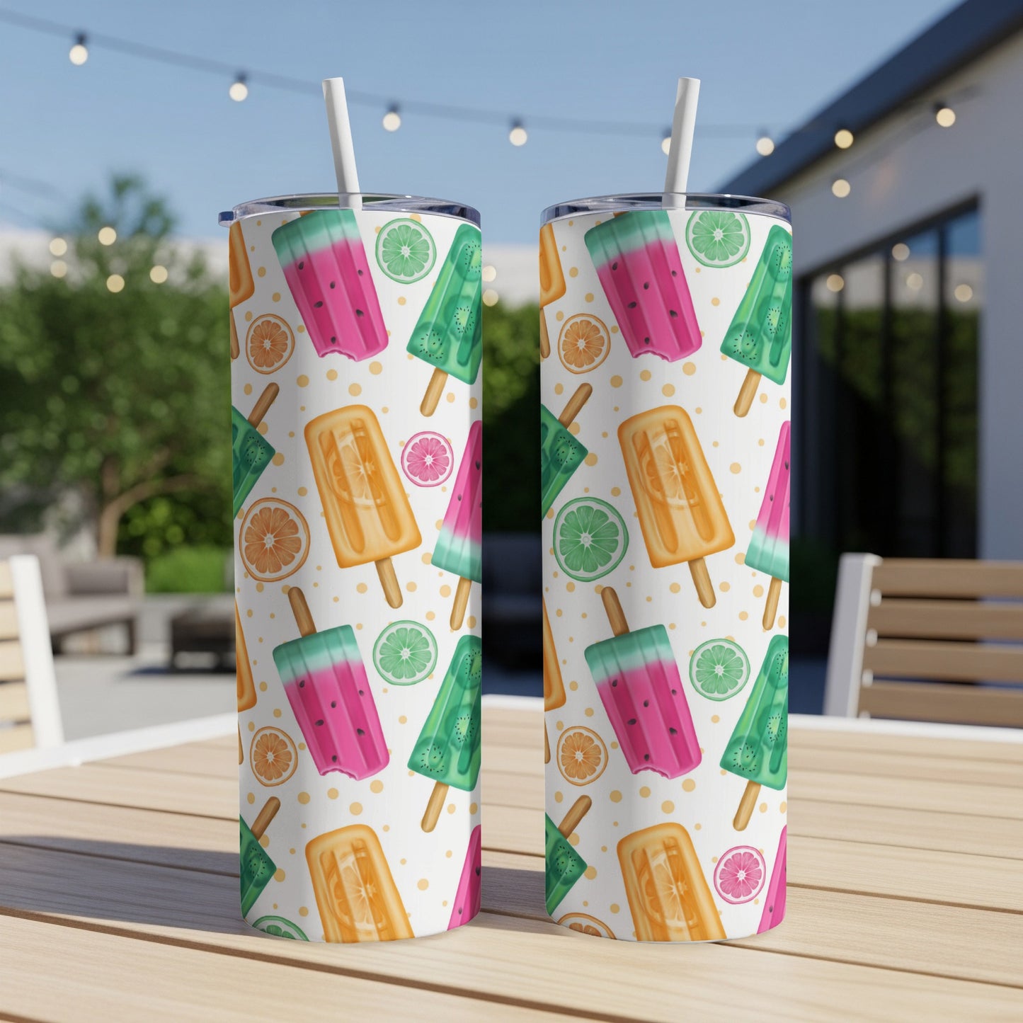 Two tall tumblers with colorful popsicle and citrus fruit pattern.