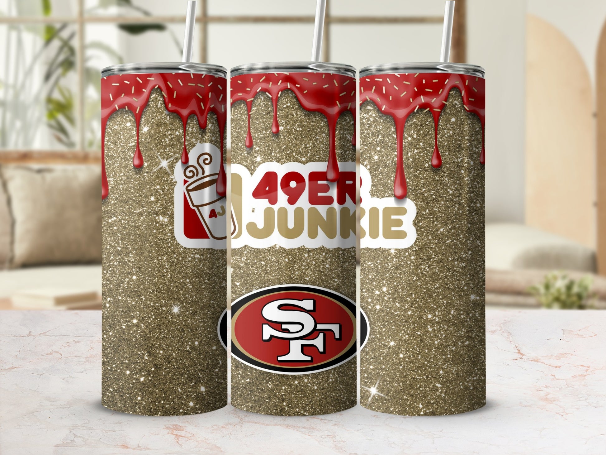 49ers Junkie Gold Glitter Drip Insulated Tumbler