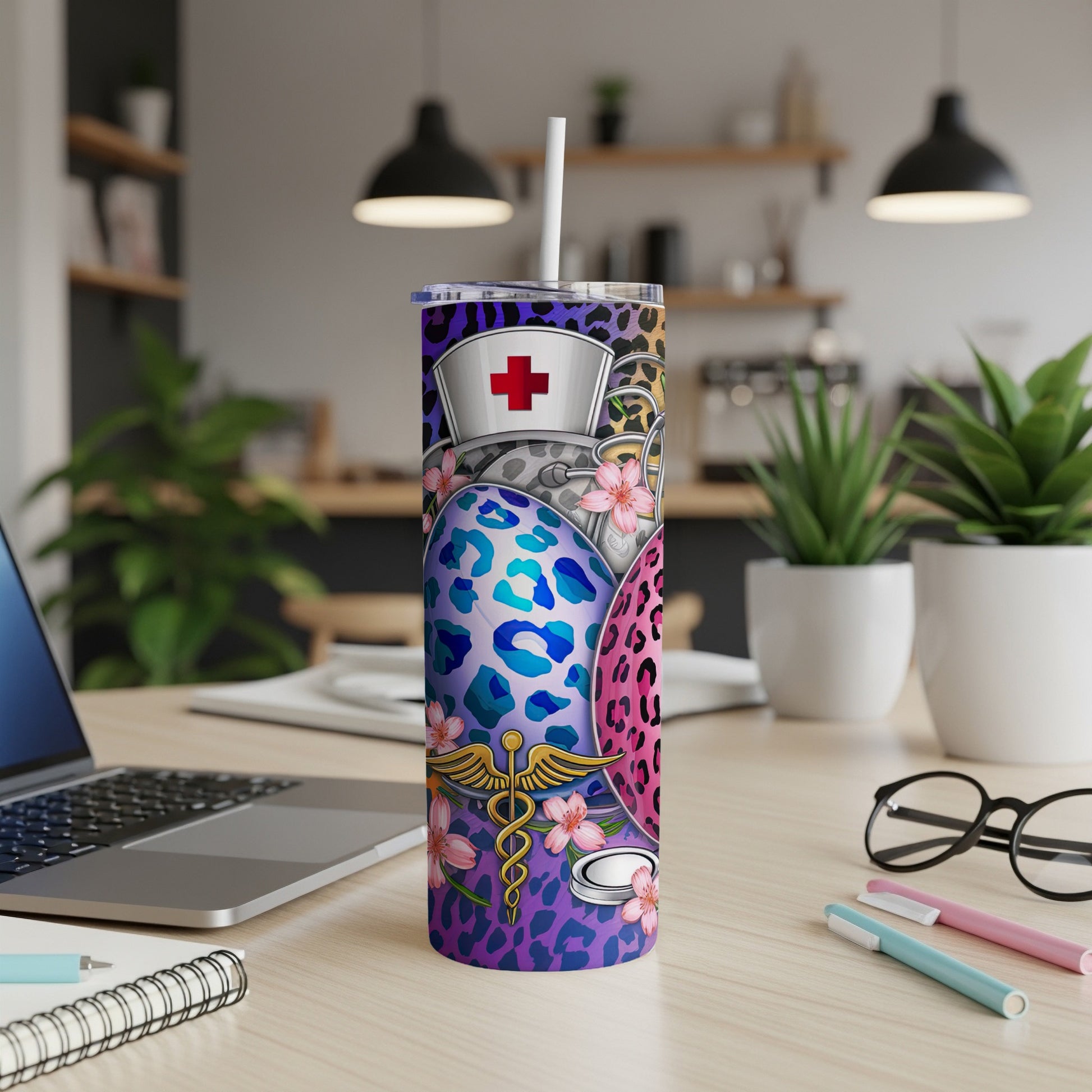 Tumbler with leopard print, Easter eggs, stethoscope, and nurse hat.