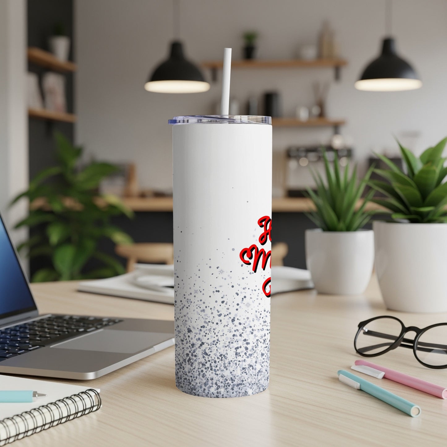 White tumbler with scattered gray speckles and "Let's get this bread" in red script.
