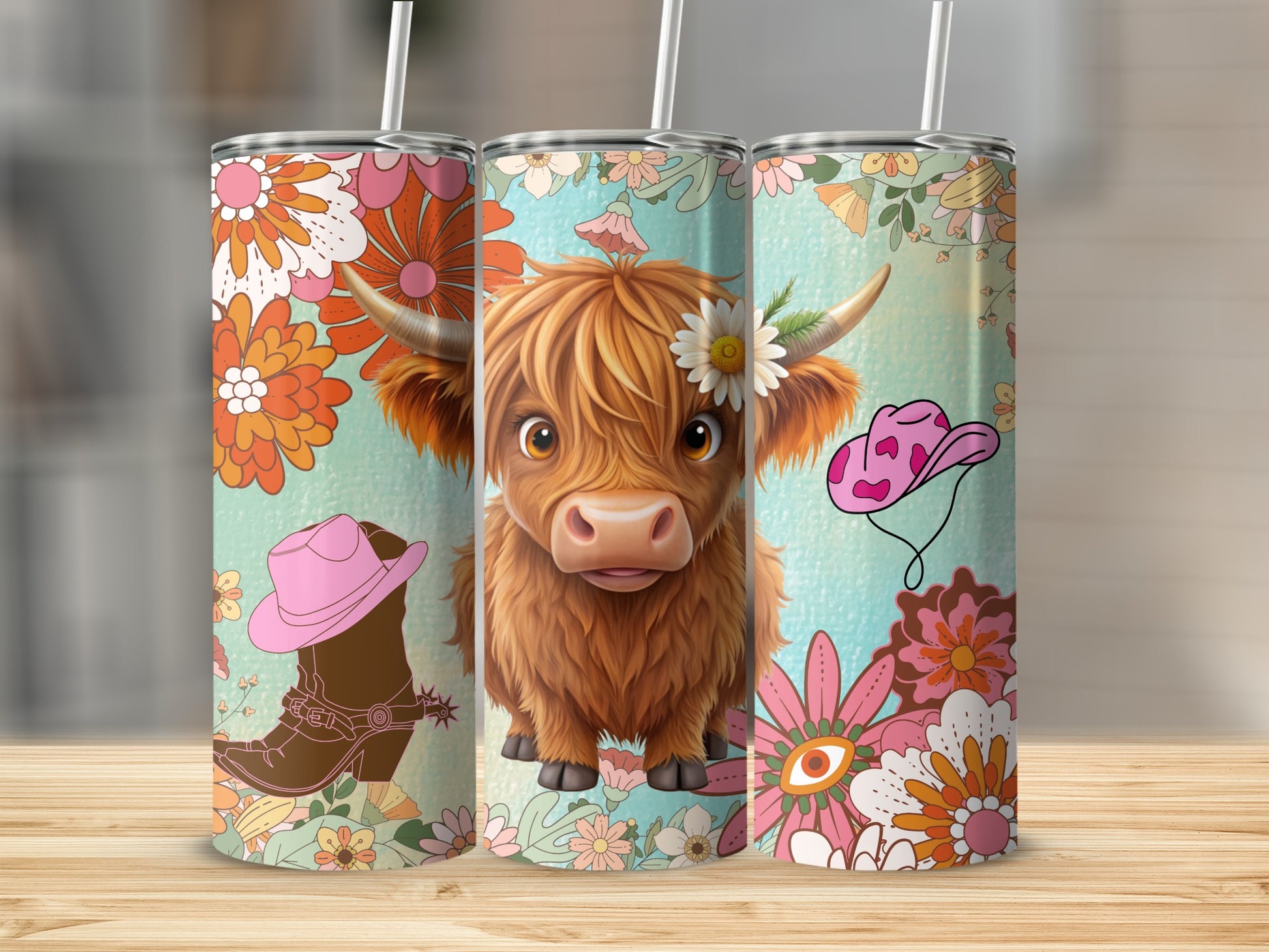 Cute Highland Cow Floral Design Stainless Steel Tumbler