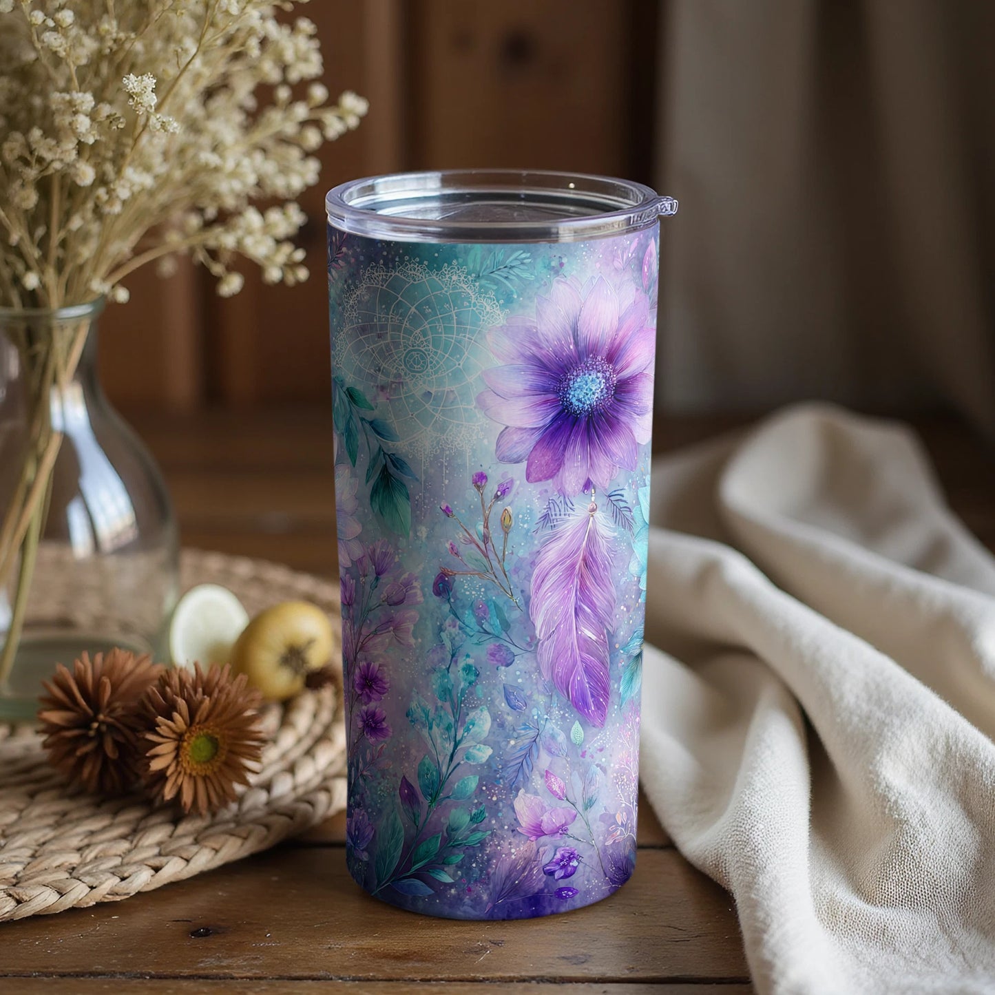Purple and Blue Floral Feather Insulated Tumbler