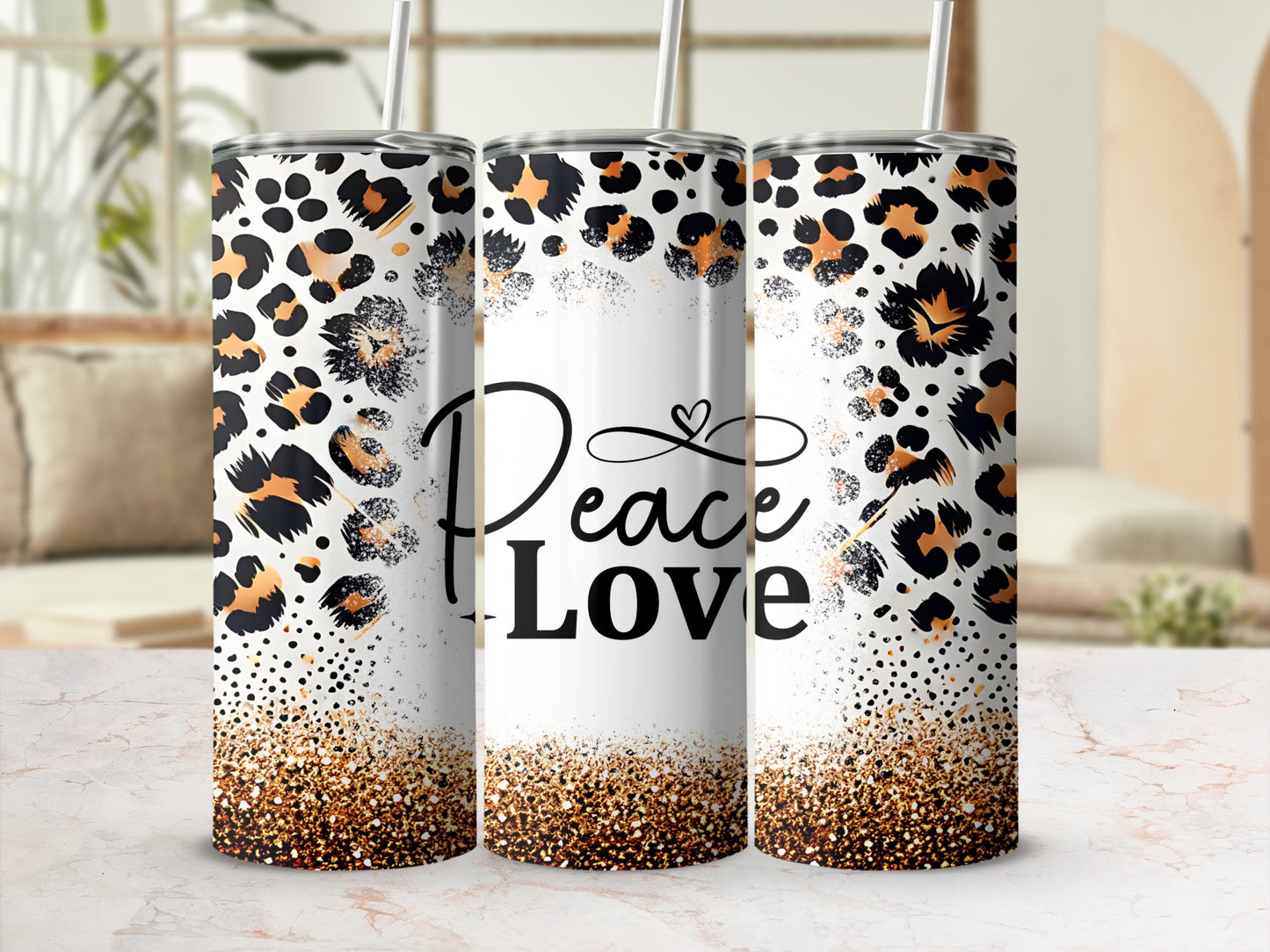 Tall tumbler with leopard print and "Peace Love" text, adorned with glitter.