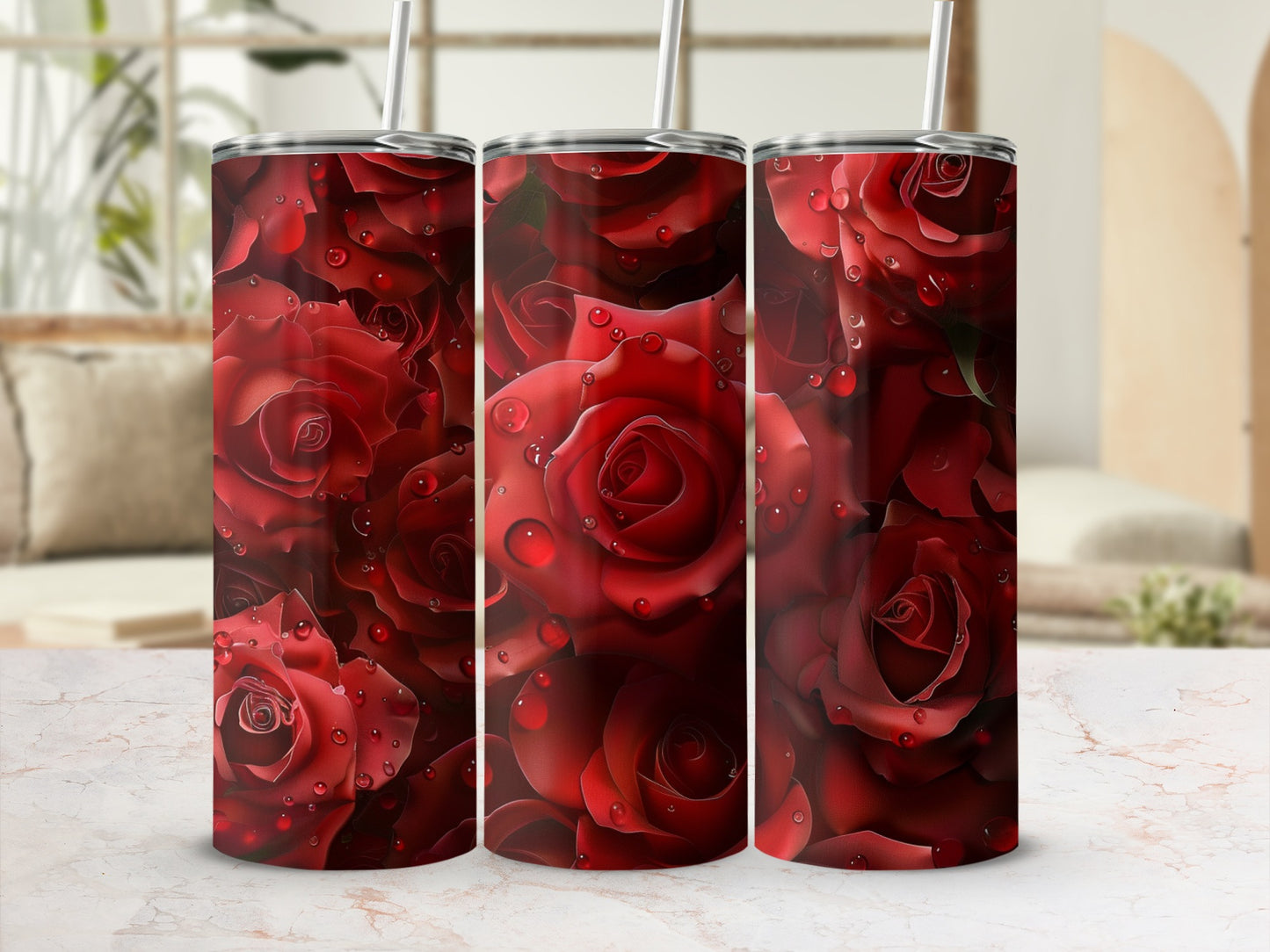 Three tumblers with a close-up, dewy red rose design.