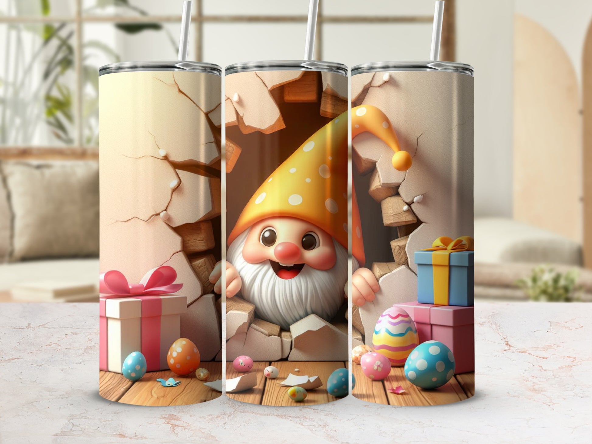 Easter gnome peeking through a cracked wall with gifts and eggs.