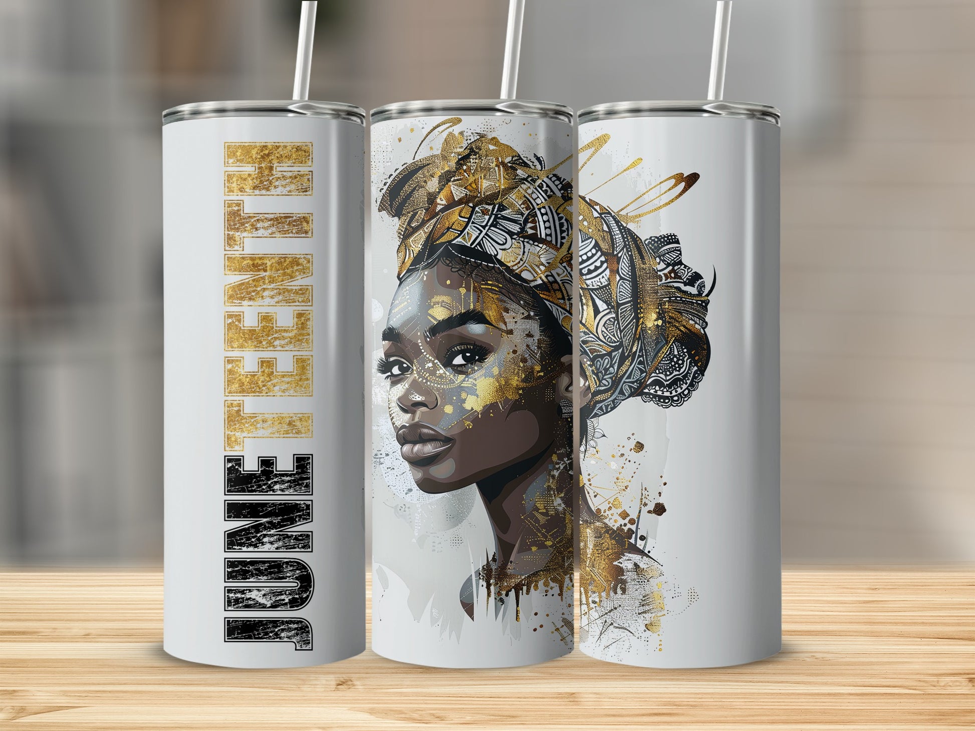 Tumbler with "June" text and a woman wearing a patterned headwrap.