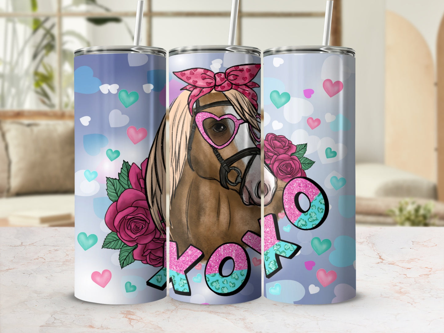 Tumbler with horse, roses, hearts, and "XOXO" text.
