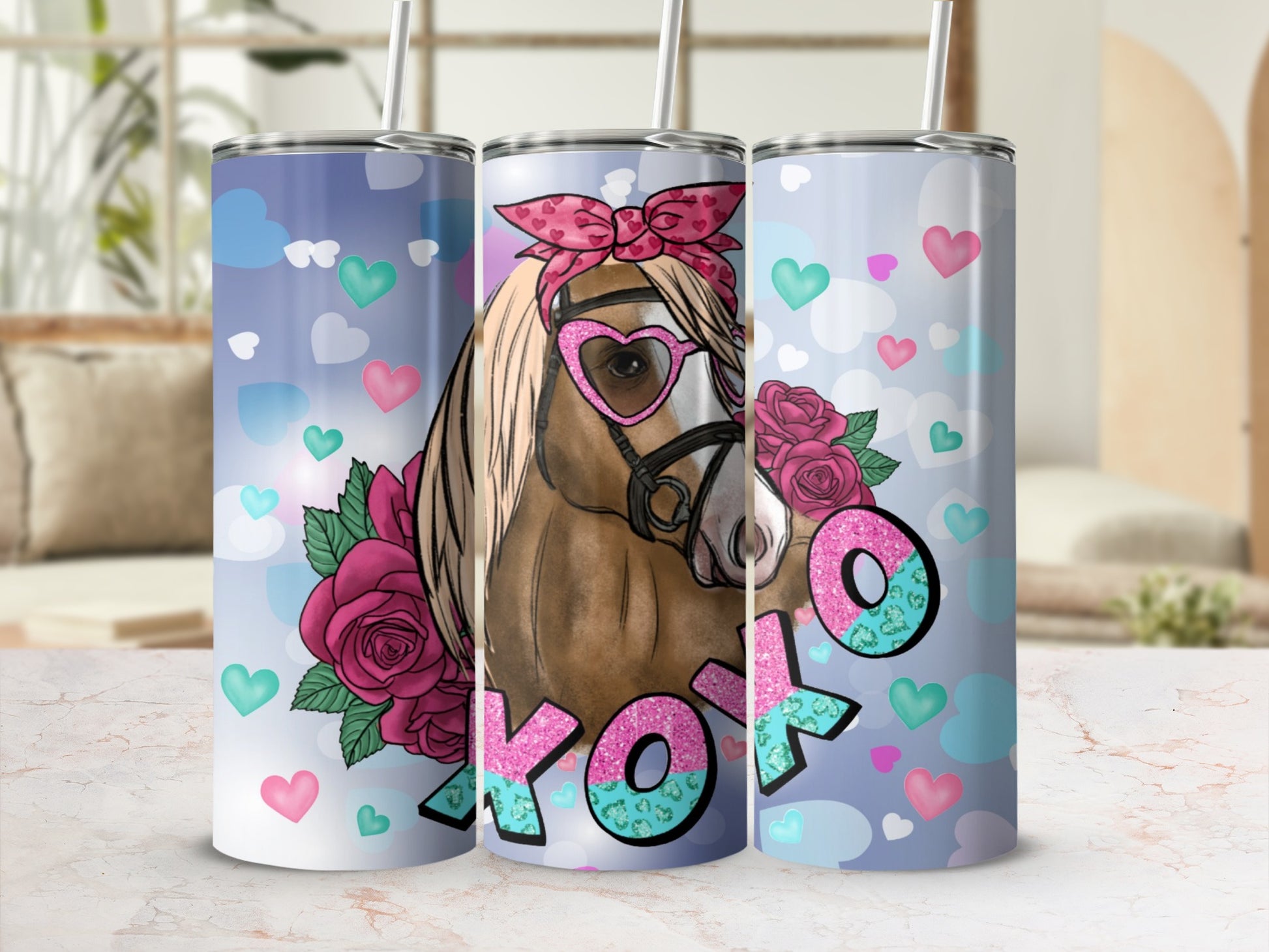 Tumbler with horse, roses, hearts, and "XOXO" text.
