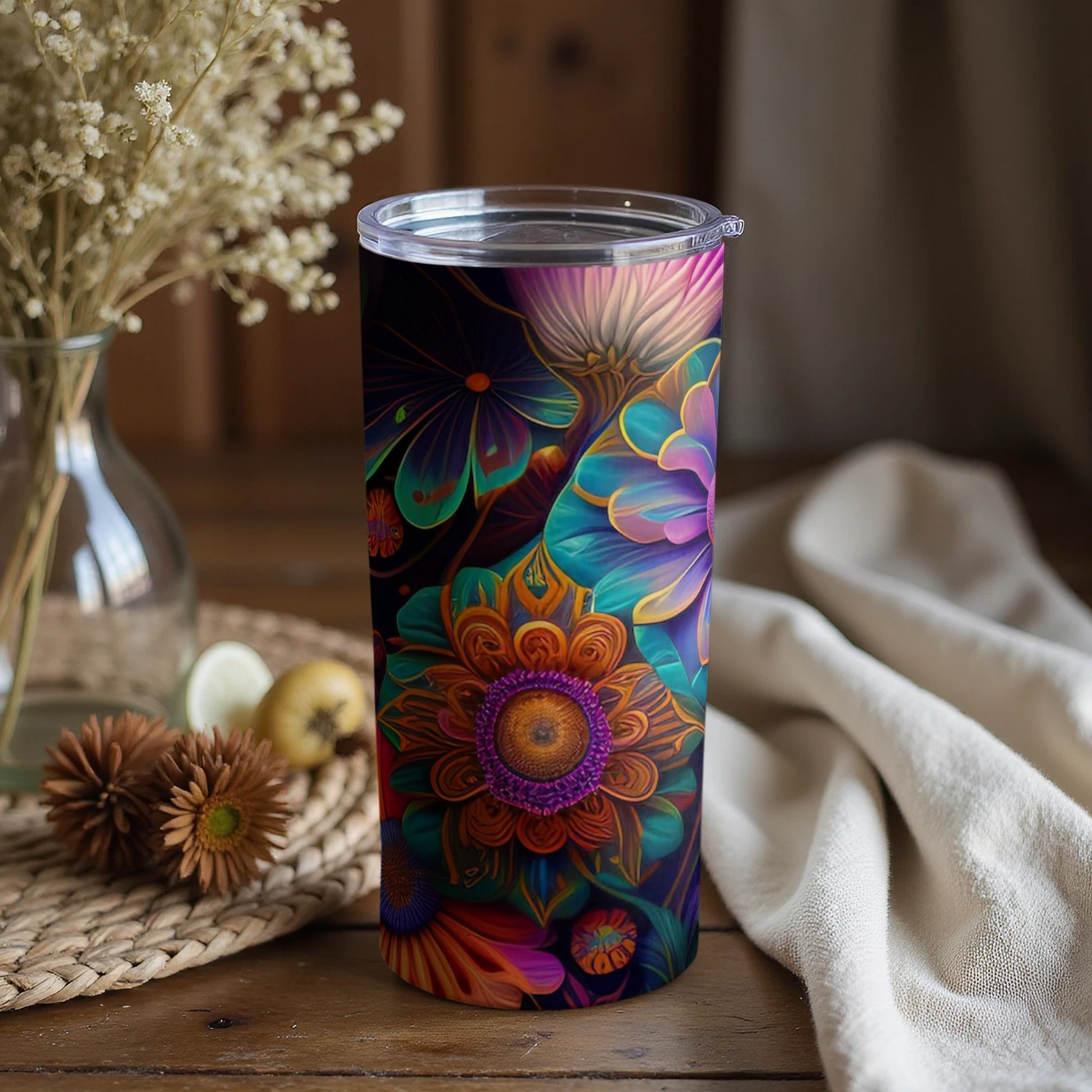 Vibrant Floral and Abstract Art Travel Tumbler Cup