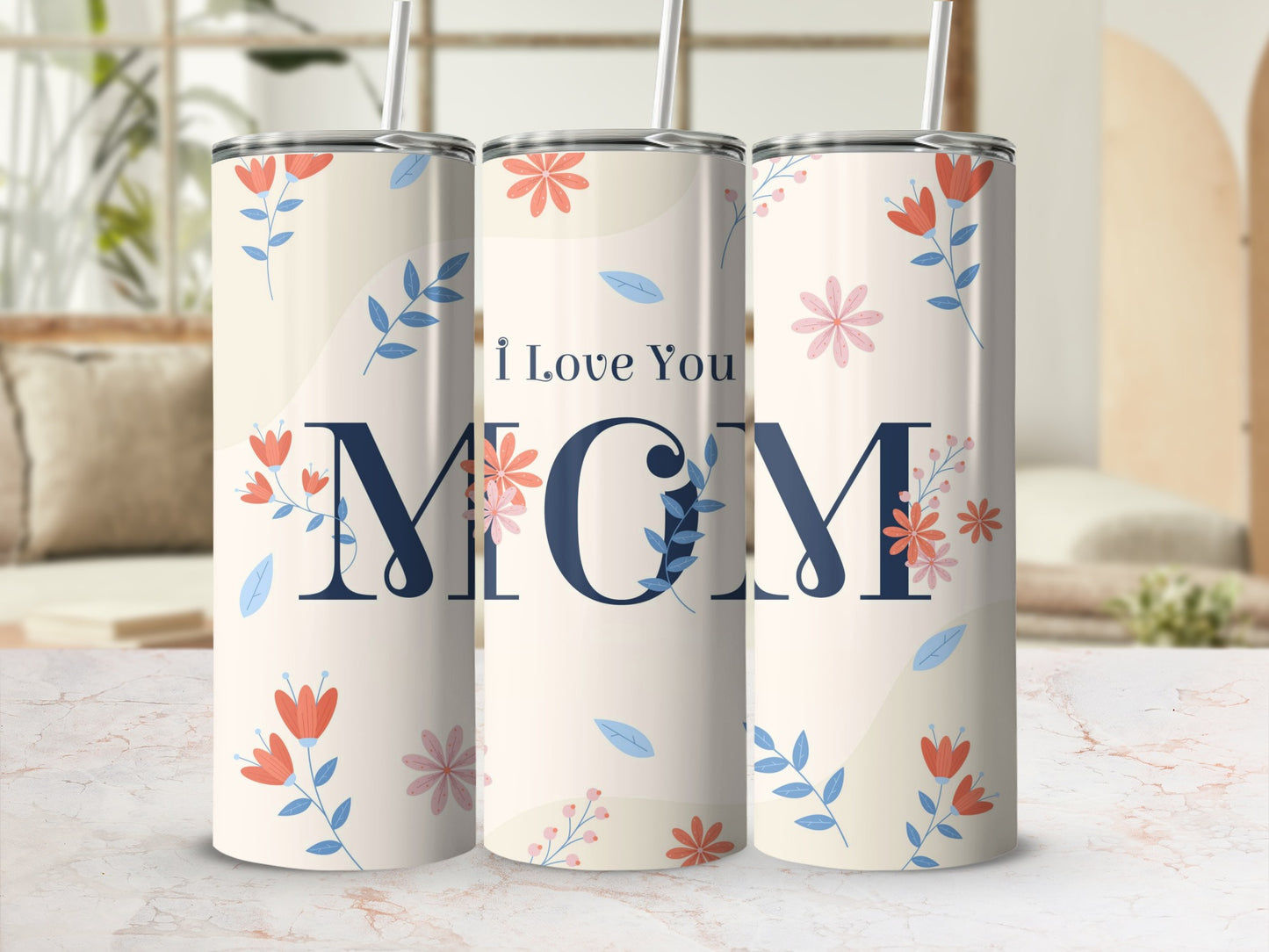 I Love You Mom Floral Pattern Tumbler Gift for Her