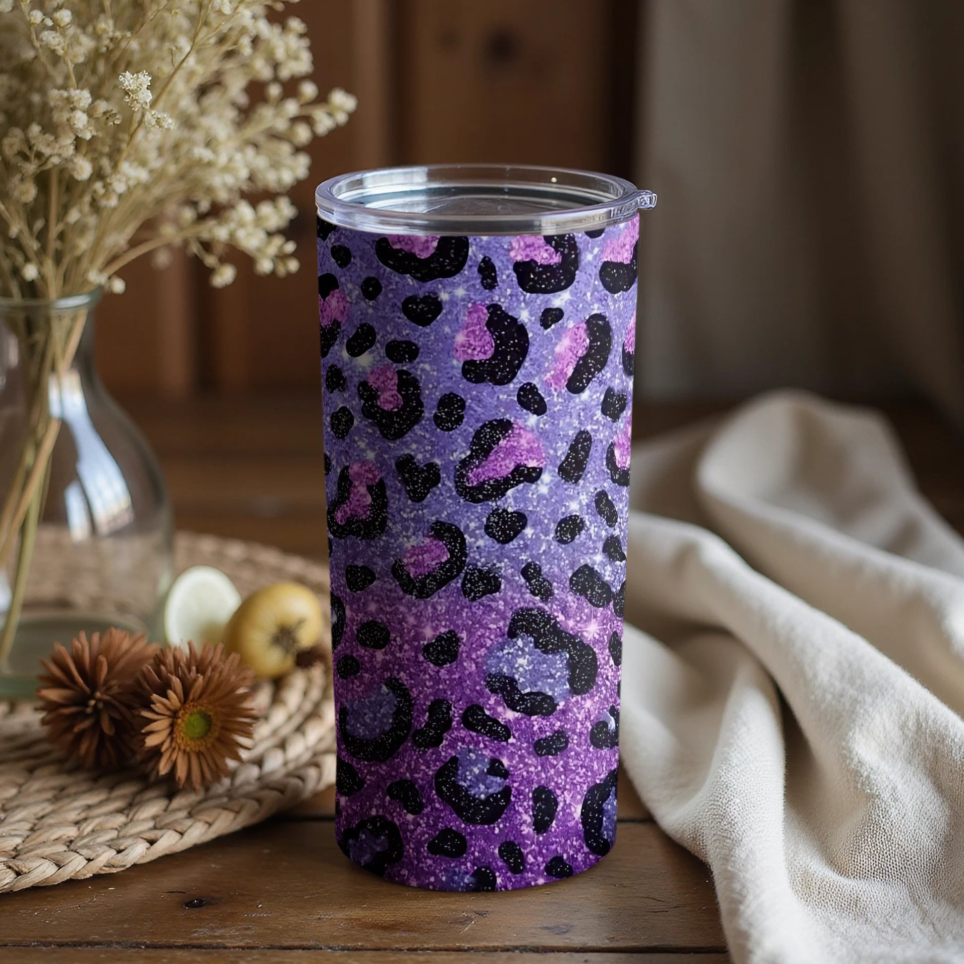 Purple Glitter Leopard Print Travel Tumbler Cup