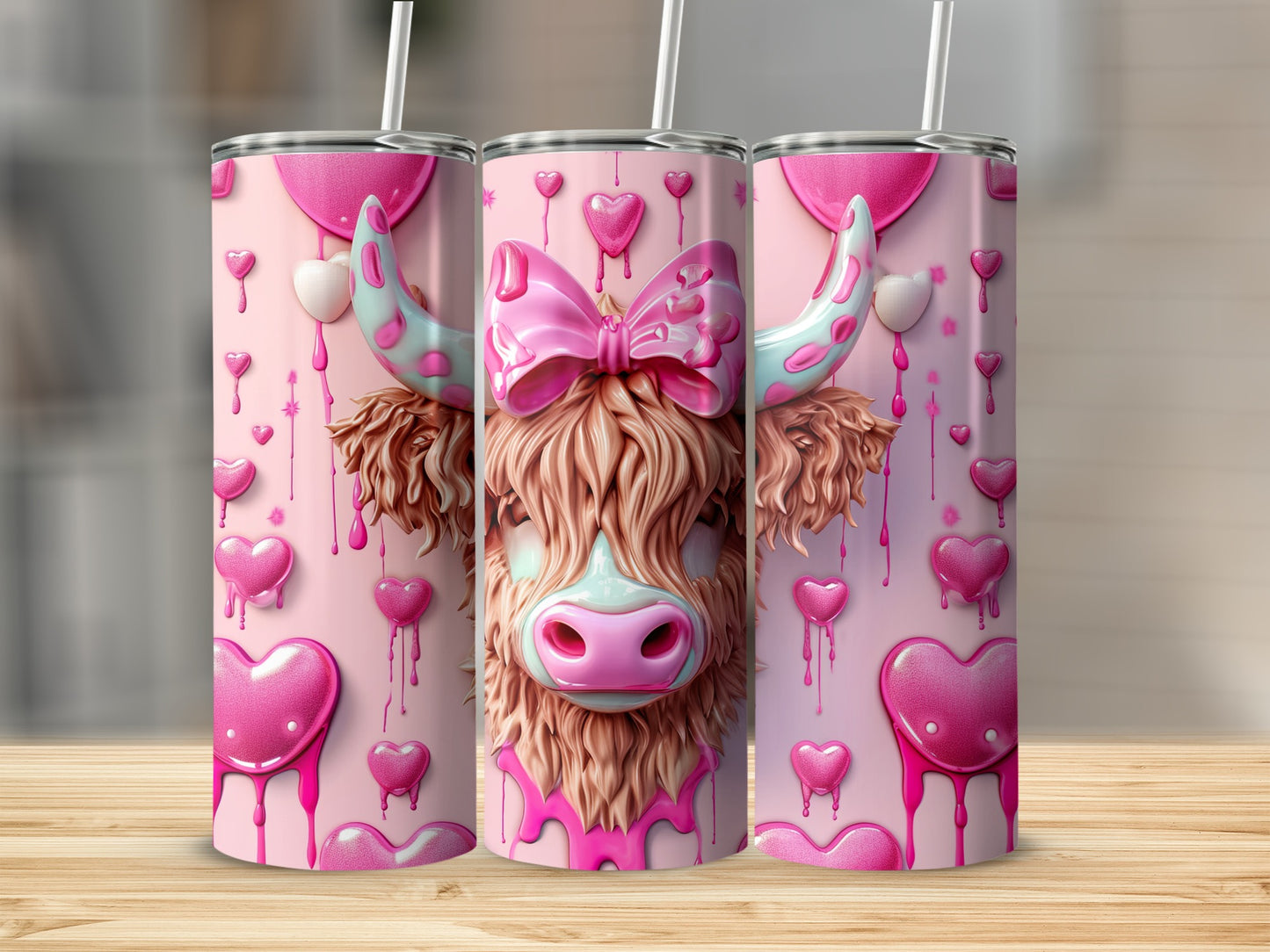 Highland cow with pink bow and hearts design on a tumbler.