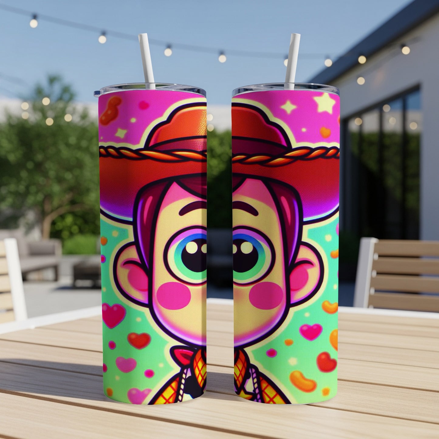 Toy Story Woody cartoon illustration on two insulated tumblers with straws.