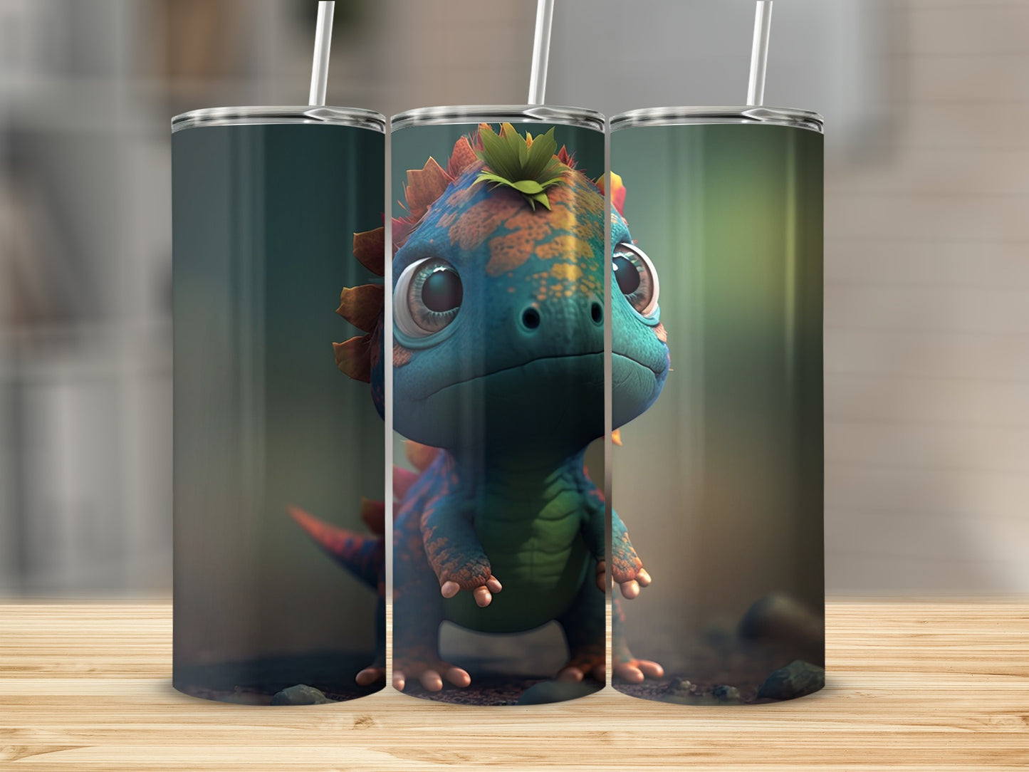 Cute Baby Dinosaur Print Tall Tumbler with Straw