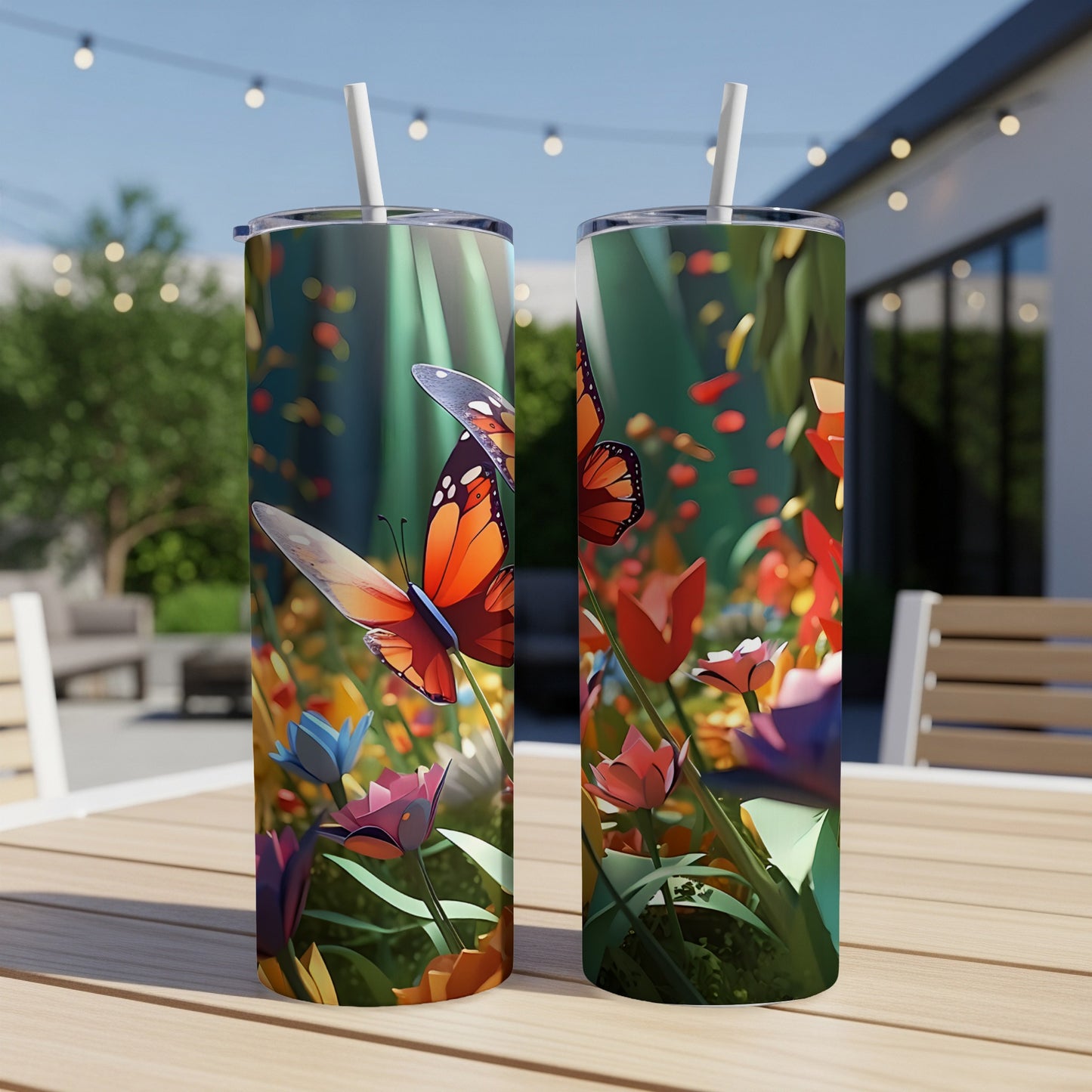 Two tumblers with vibrant orange butterflies and colorful flowers on an outdoor table.
