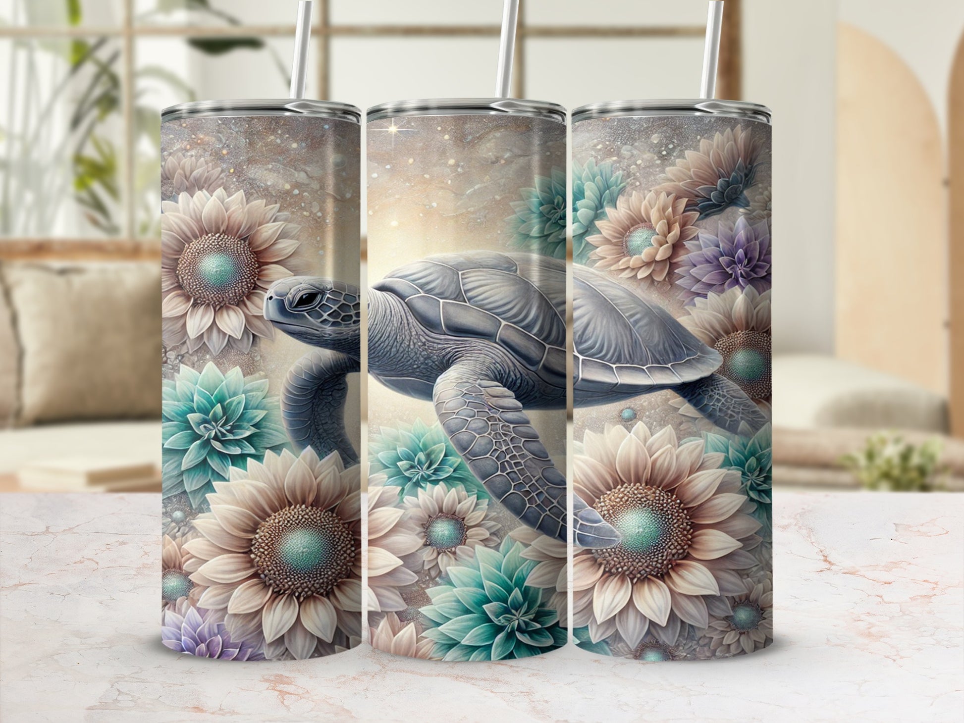 Sea Turtle and Floral Design Insulated Tumbler Cup