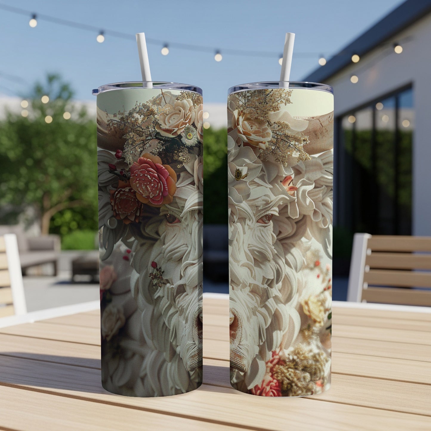 Two detailed floral tumblers with straws sit on a wooden table outdoors.