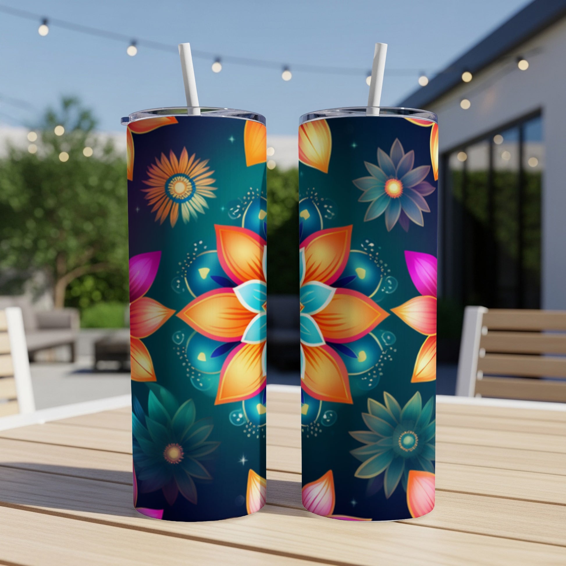 Two tumblers with a colorful floral mandala pattern on a dark teal background.