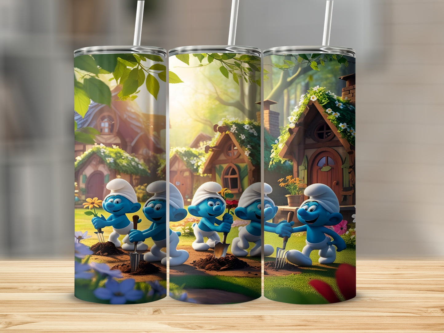 Smurfs planting flowers in a village with mushroom houses.