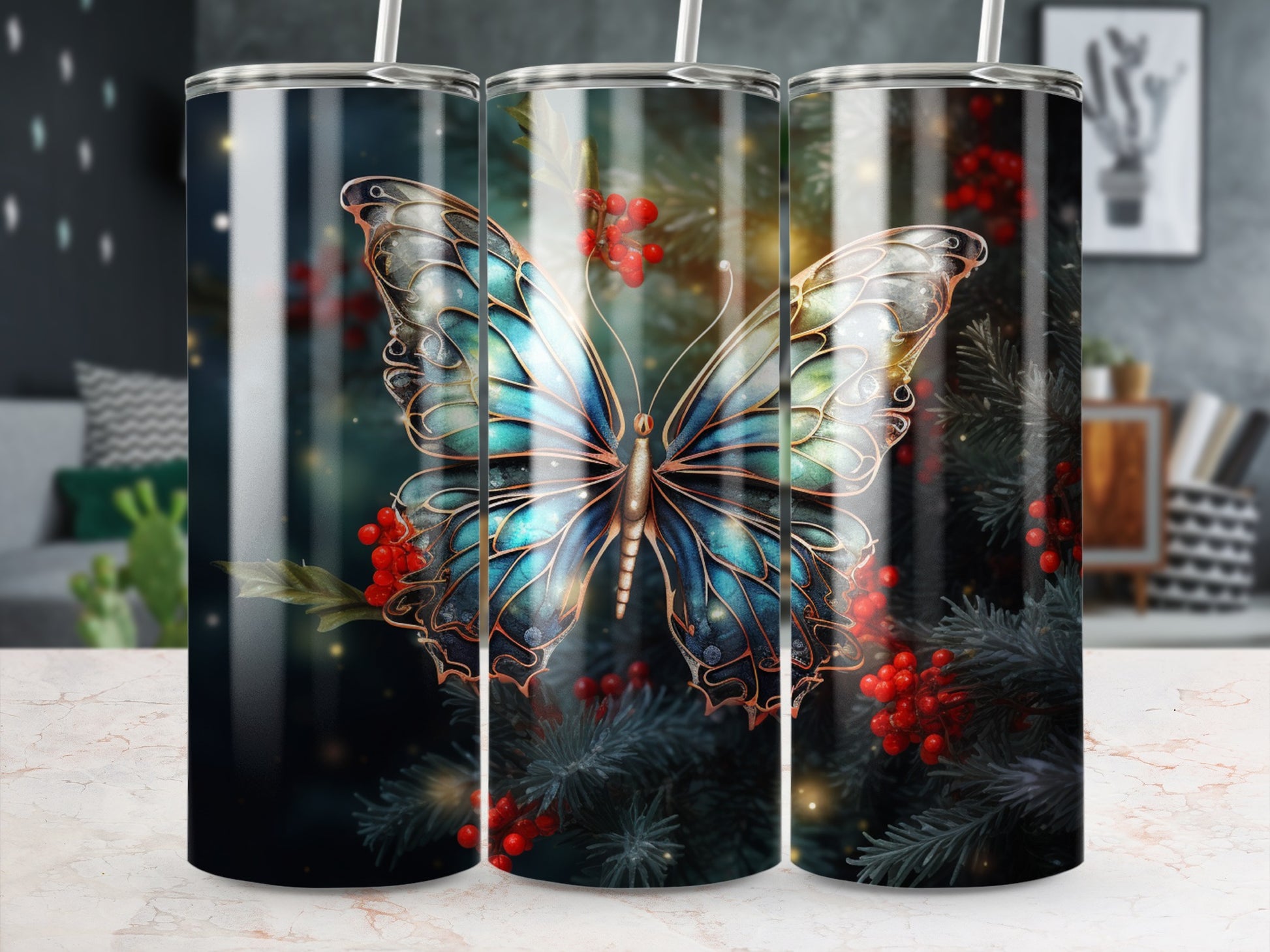 Butterfly and berries on pine branches, displayed on a tumbler.