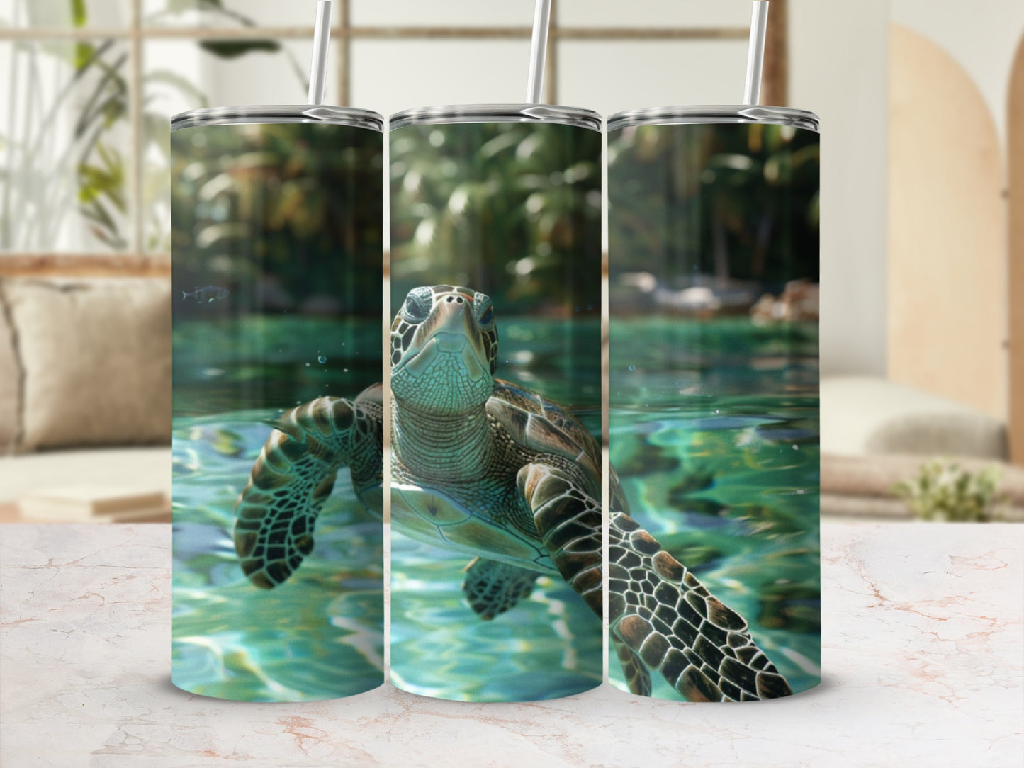 Sea turtle swimming underwater in clear blue ocean water.
