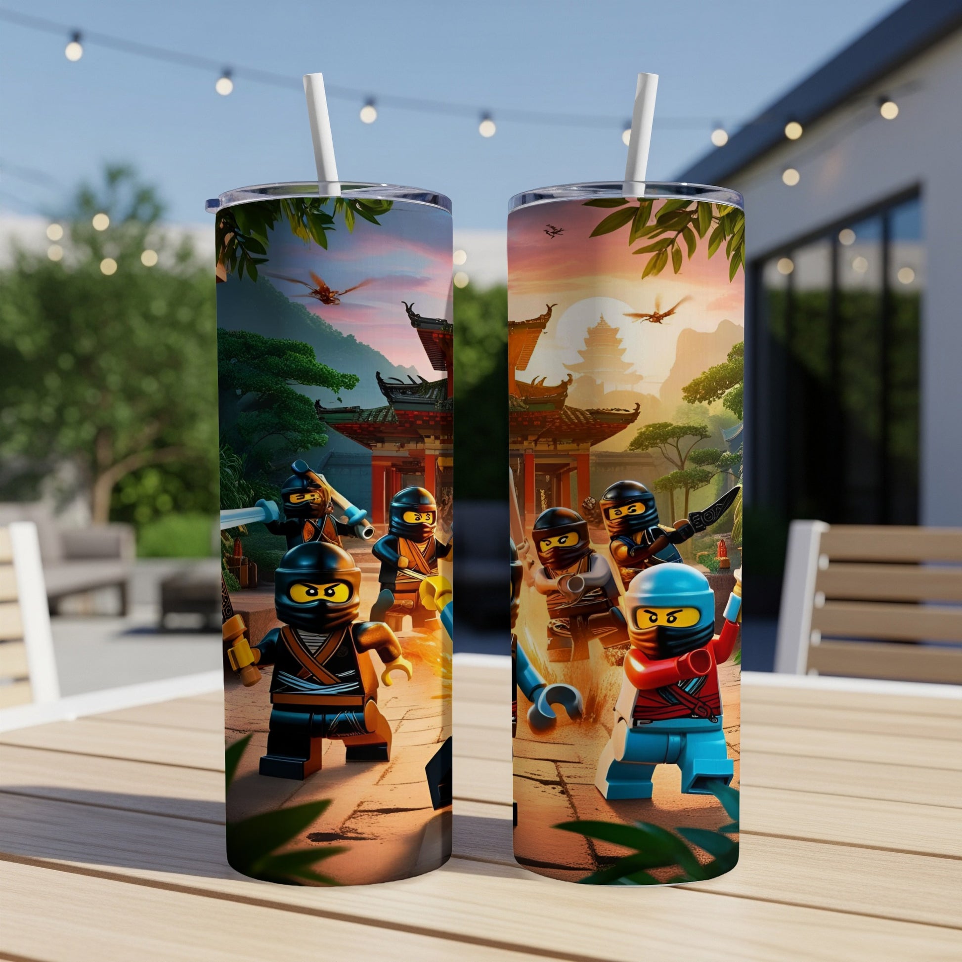 Two LEGO Ninjago characters stand on a patterned tumbler with a pagoda background.