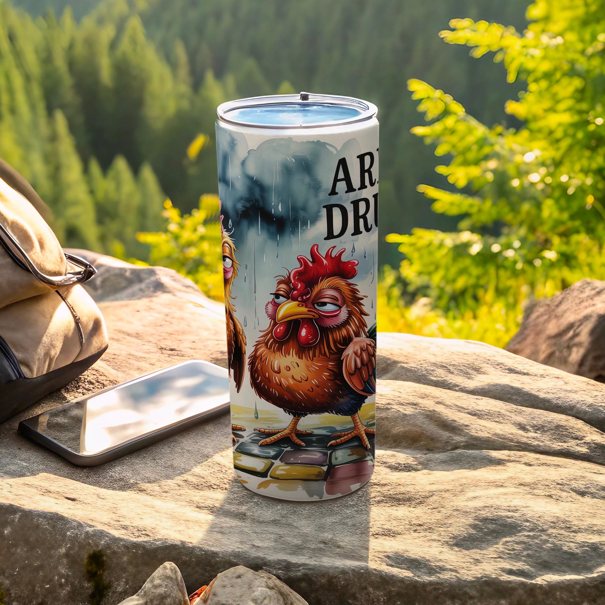 Grumpy Chicken AR DR Rain Pattern Insulated Travel Mug Drinkware product type
chicken, rooster, grumpy chicken, moody rooster, rain design, funny animal, cartoon chicken, farm animal art, tumbler, travel mug, insulated drinkware, beverage holder, unique tumbler, animal print, gift tumbler, drink cup, wet chicken, AR DR, bird art, quirky design