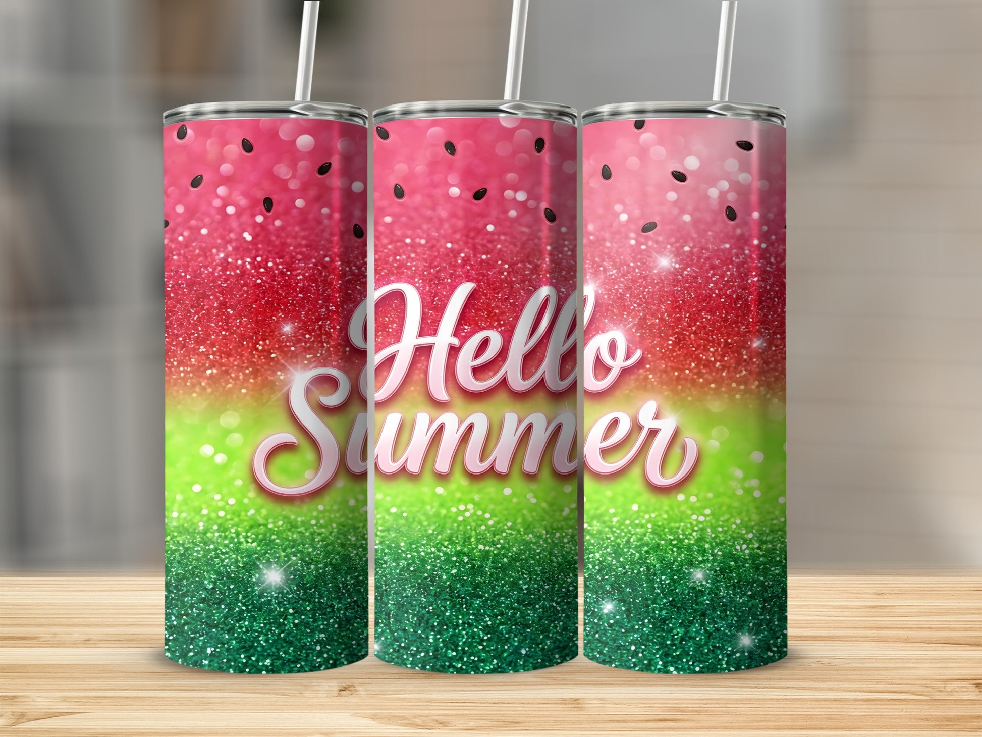 Three tumblers with watermelon and glitter design, "Hello Summer" text.