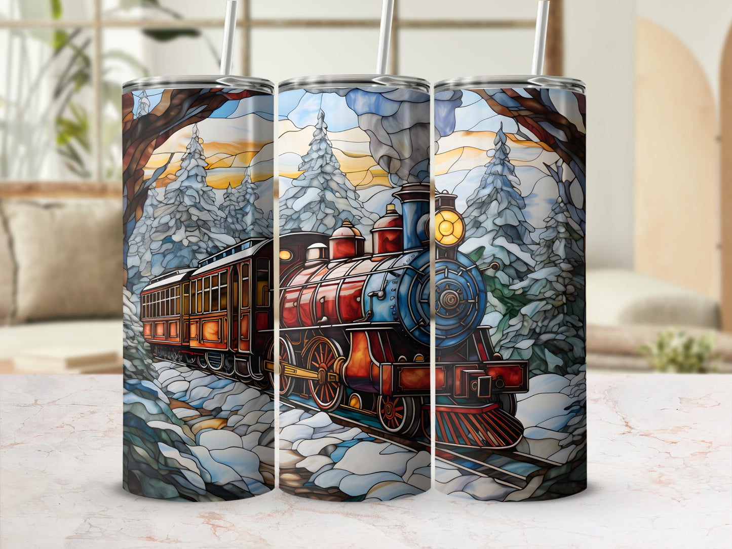 Vintage train in snowy forest landscape, stained glass effect.
