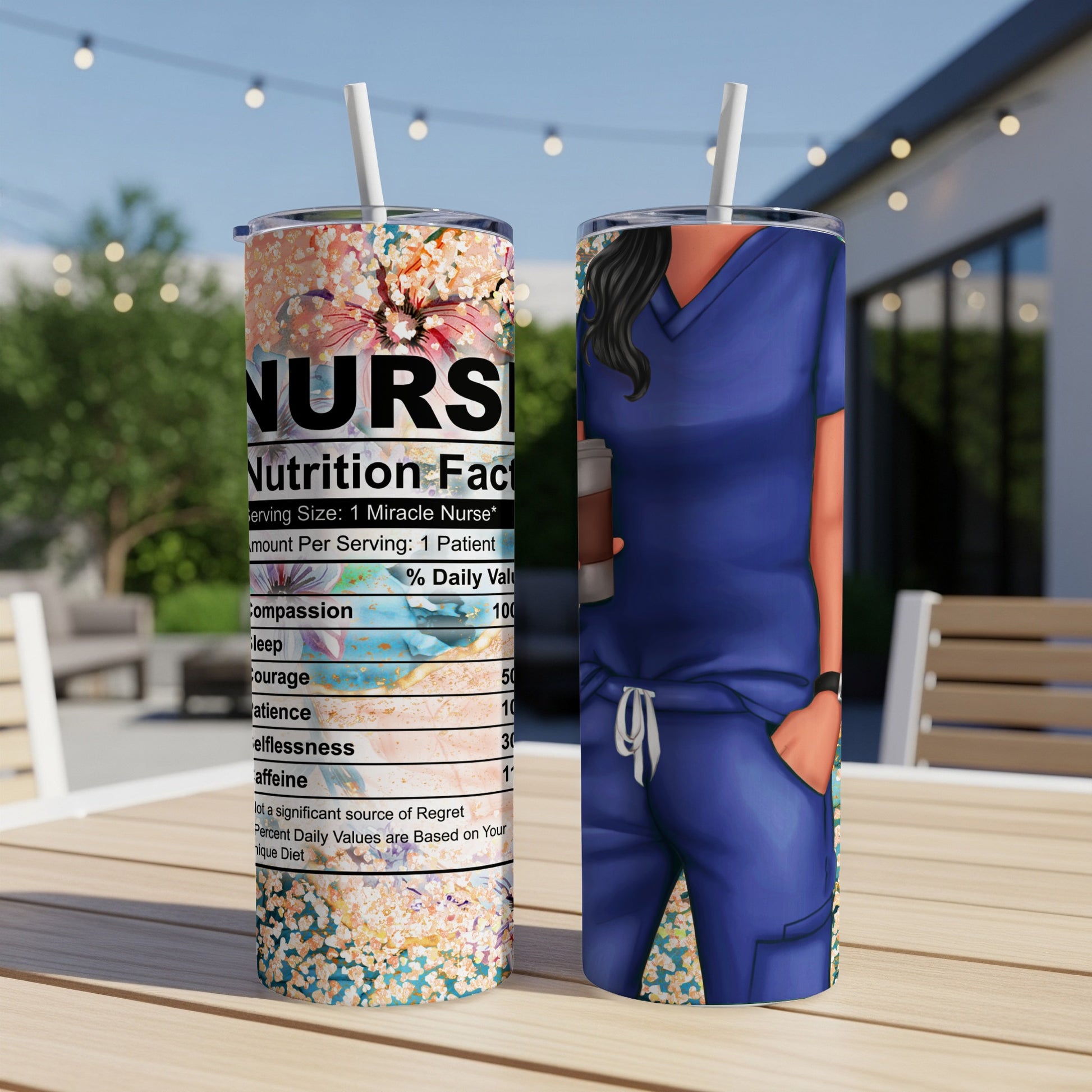 Tumbler with "NURS Nutrition Fact" label and nurse in scrubs.