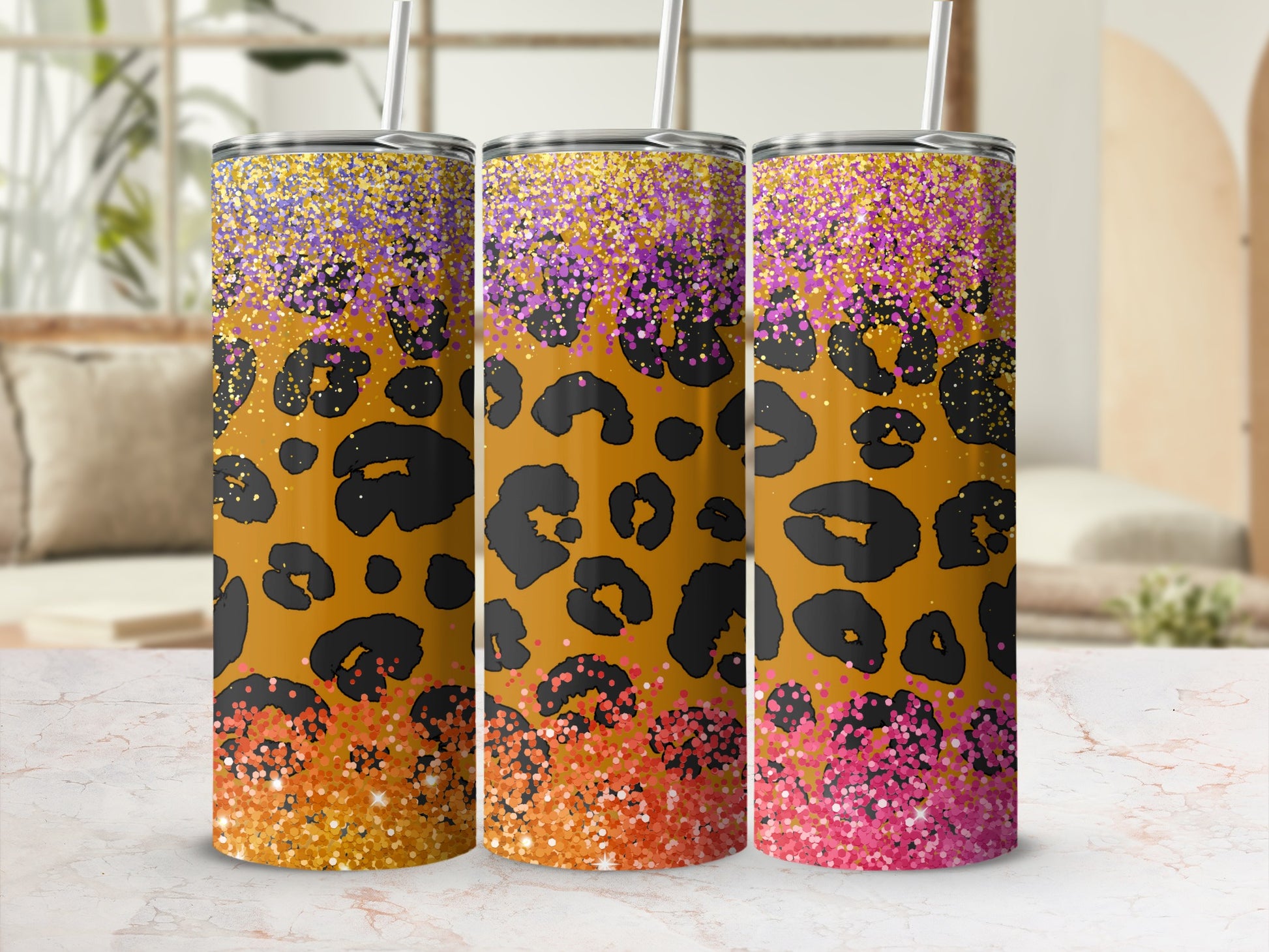 Glitter Leopard Print Ombre Tumbler Drinkware