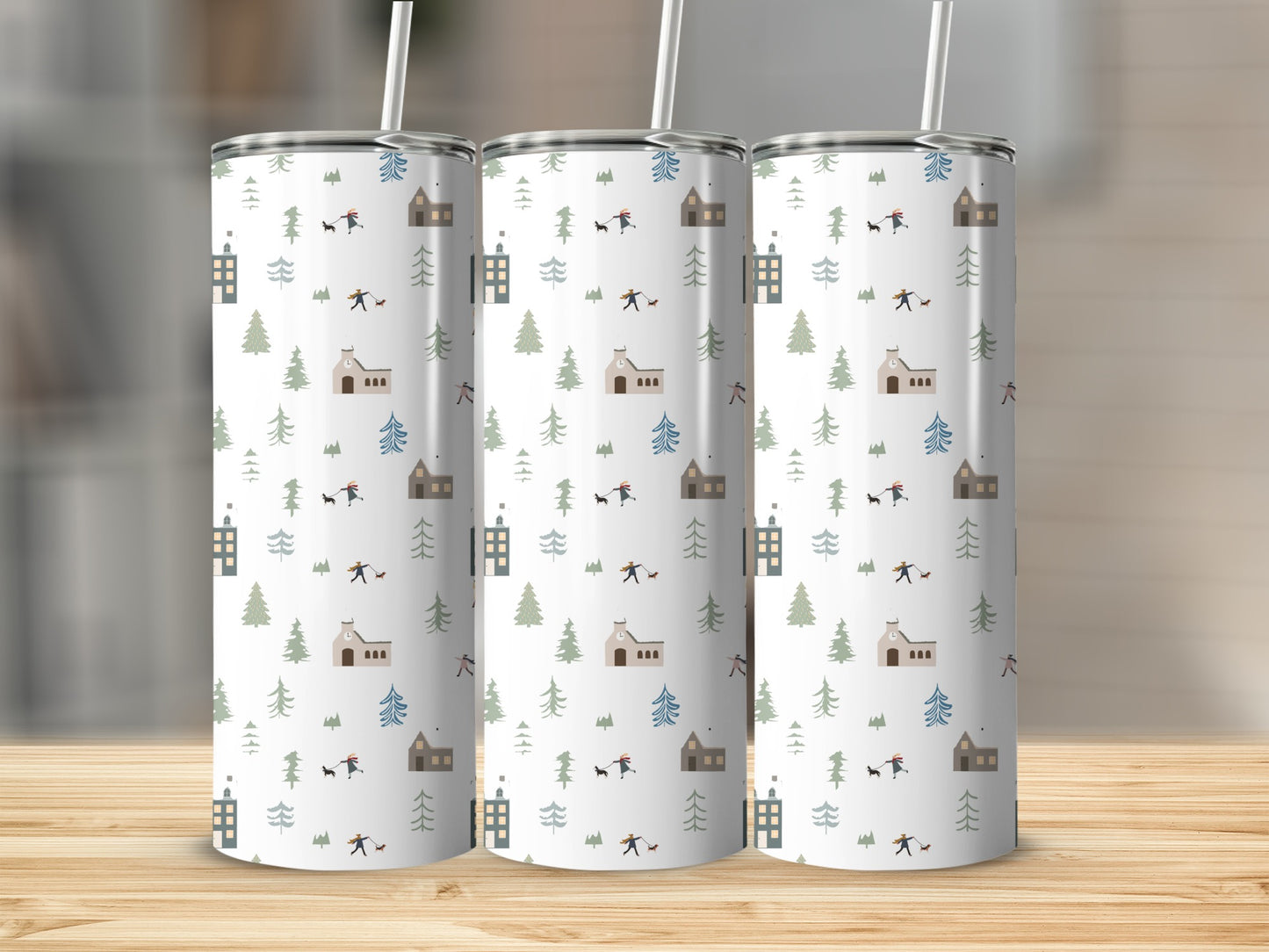 Three cylindrical tumblers with a repeating pattern of houses, trees, and people walking dogs.
