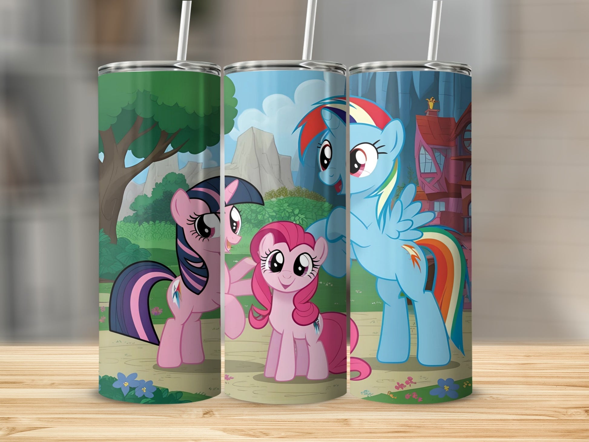 Three My Little Pony characters, Twilight Sparkle, Pinkie Pie, and Rainbow Dash, on tumblers.