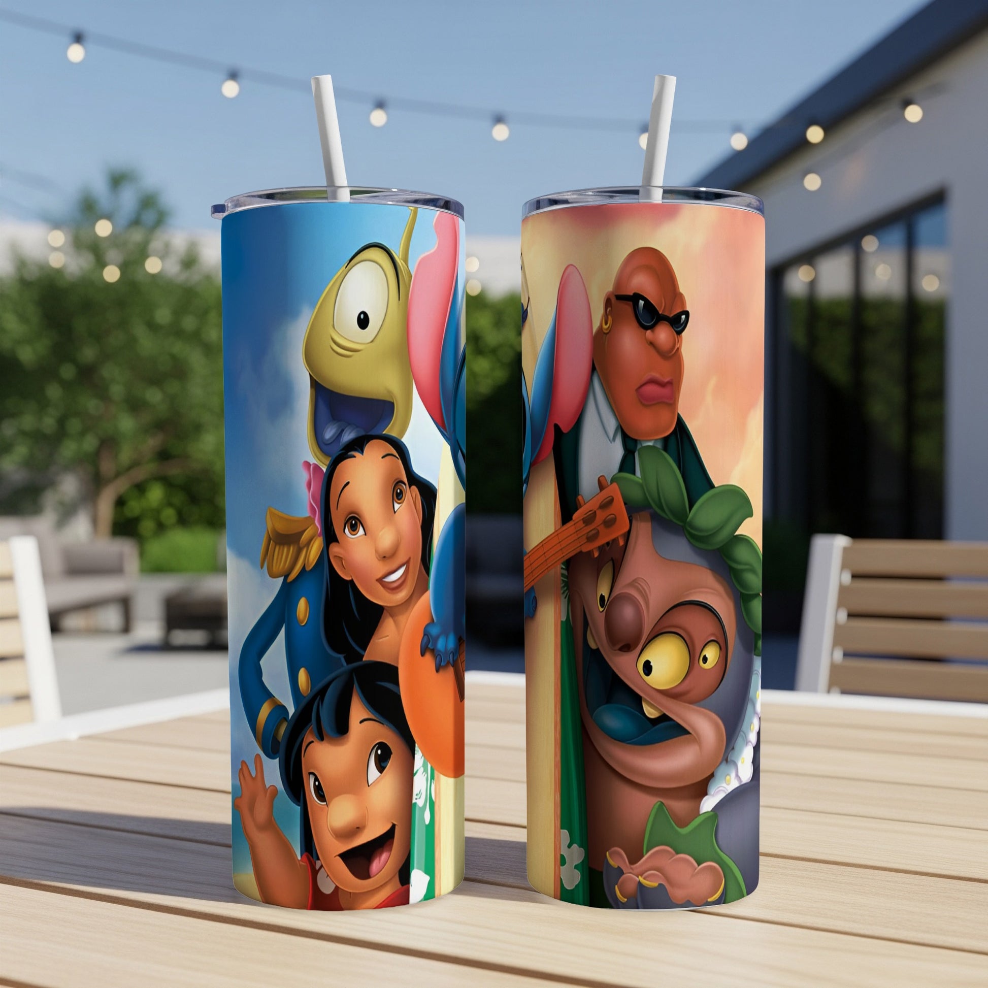Two Disney character tumblers featuring Stitch, Lilo, and Jumba on a table.