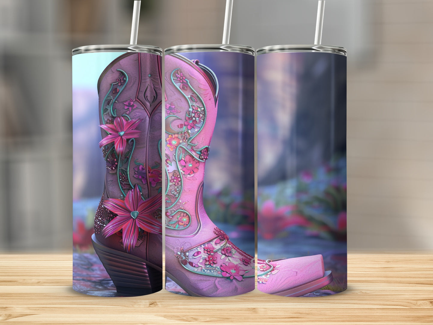 Pink cowboy boot with floral and jeweled embellishments.