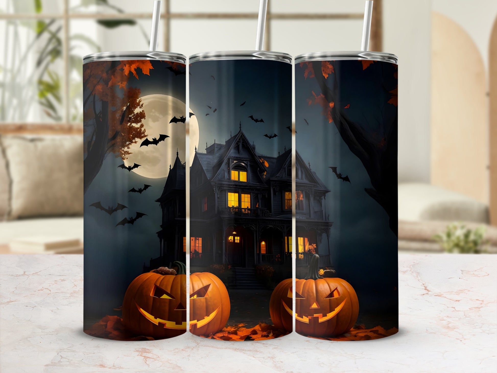 Spooky Halloween Night Jack-o-Lanterns and Bats tumbler