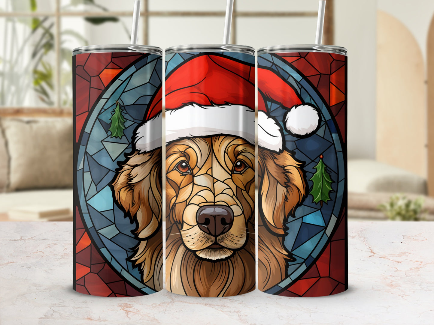 Golden retriever in Santa hat with stained glass design, wrapped around a tumbler.