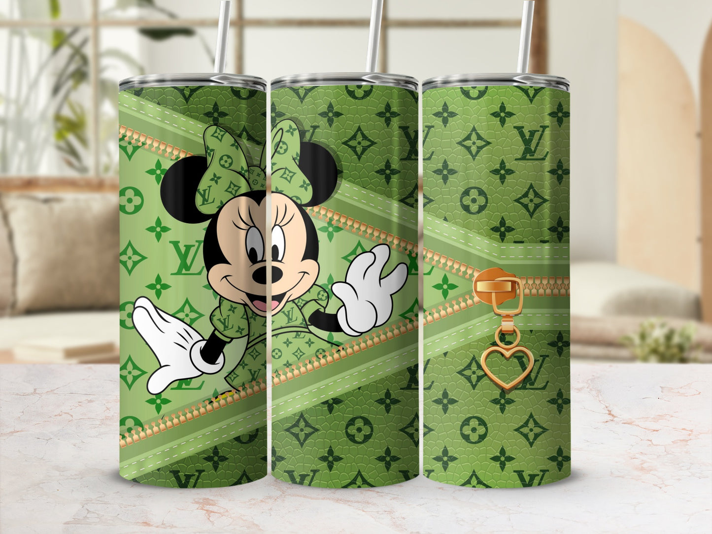 Minnie Mouse on green background with LV pattern and gold zipper detail.